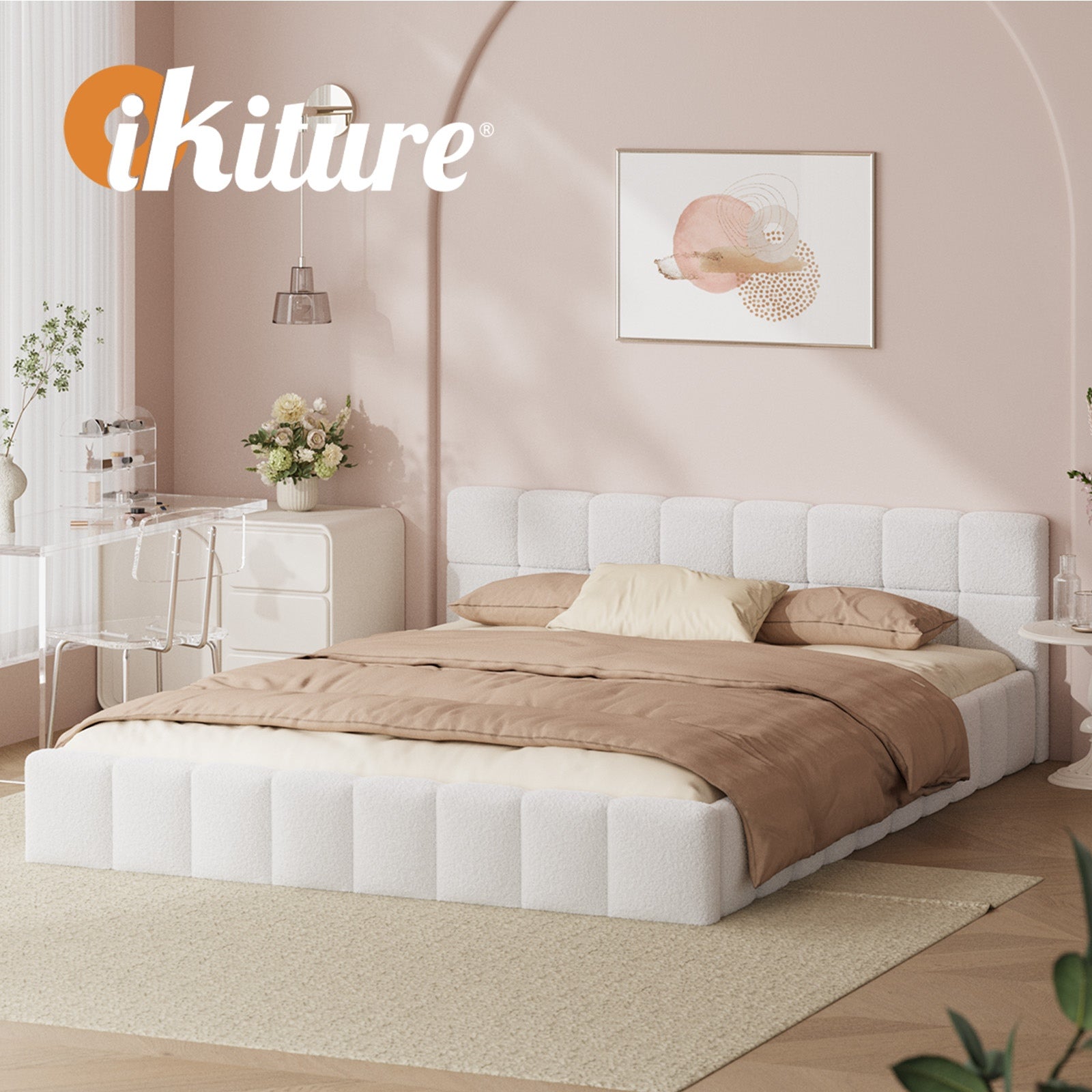 Oikiture Bed Frame Queen Size Tufted Headboard White Boucle - Sunyee