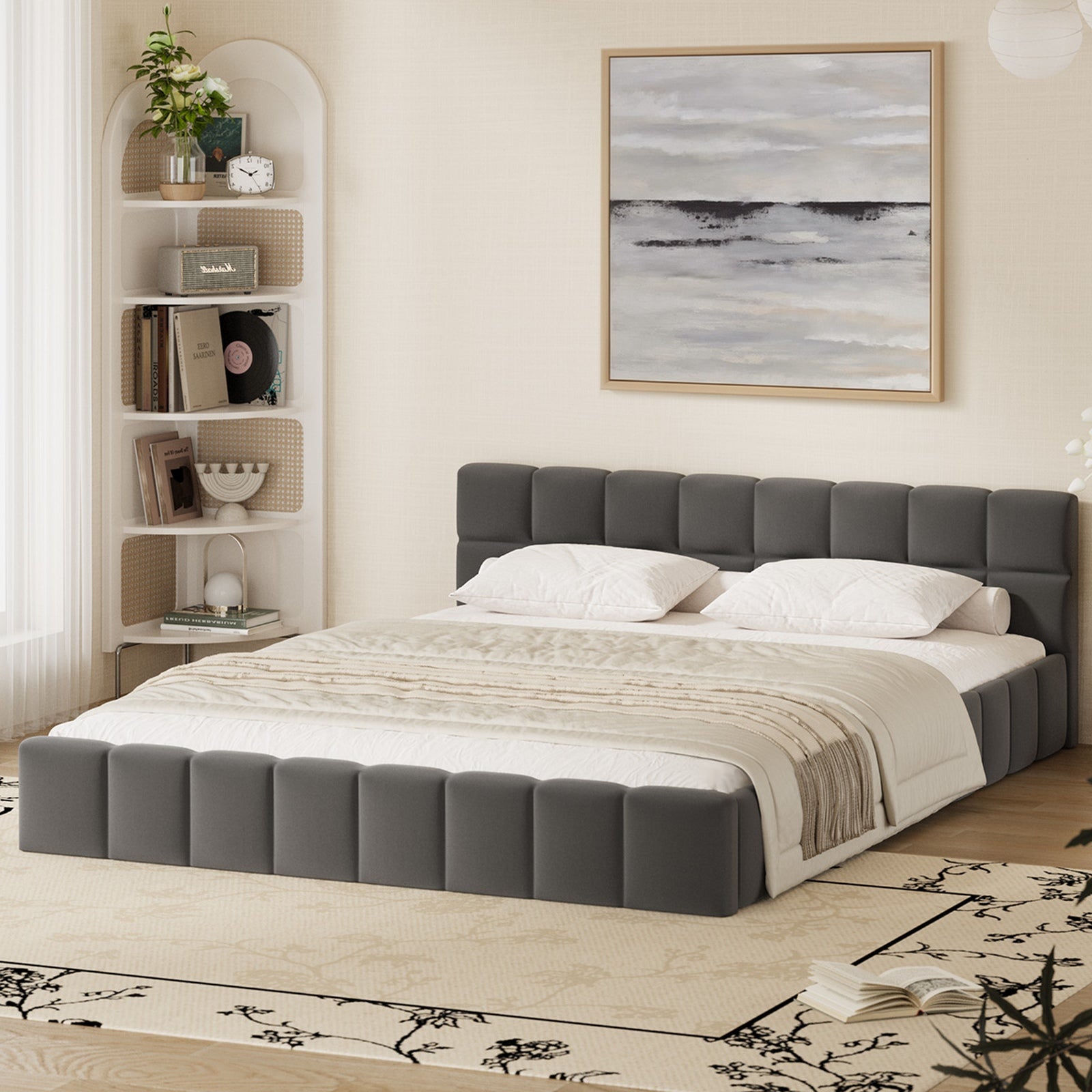 Oikiture Bed Frame Queen Size Tufted Headboard Grey Velvet - Sunyee