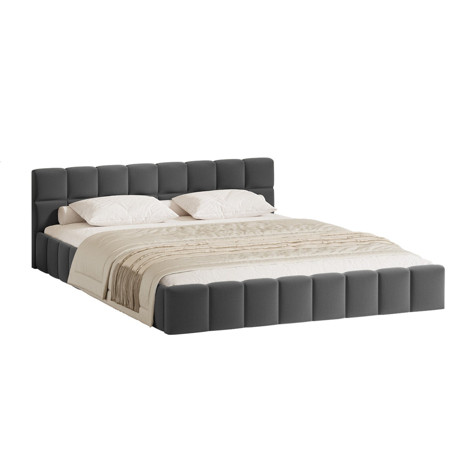 Oikiture Bed Frame Queen Size Tufted Headboard Grey Velvet - Sunyee