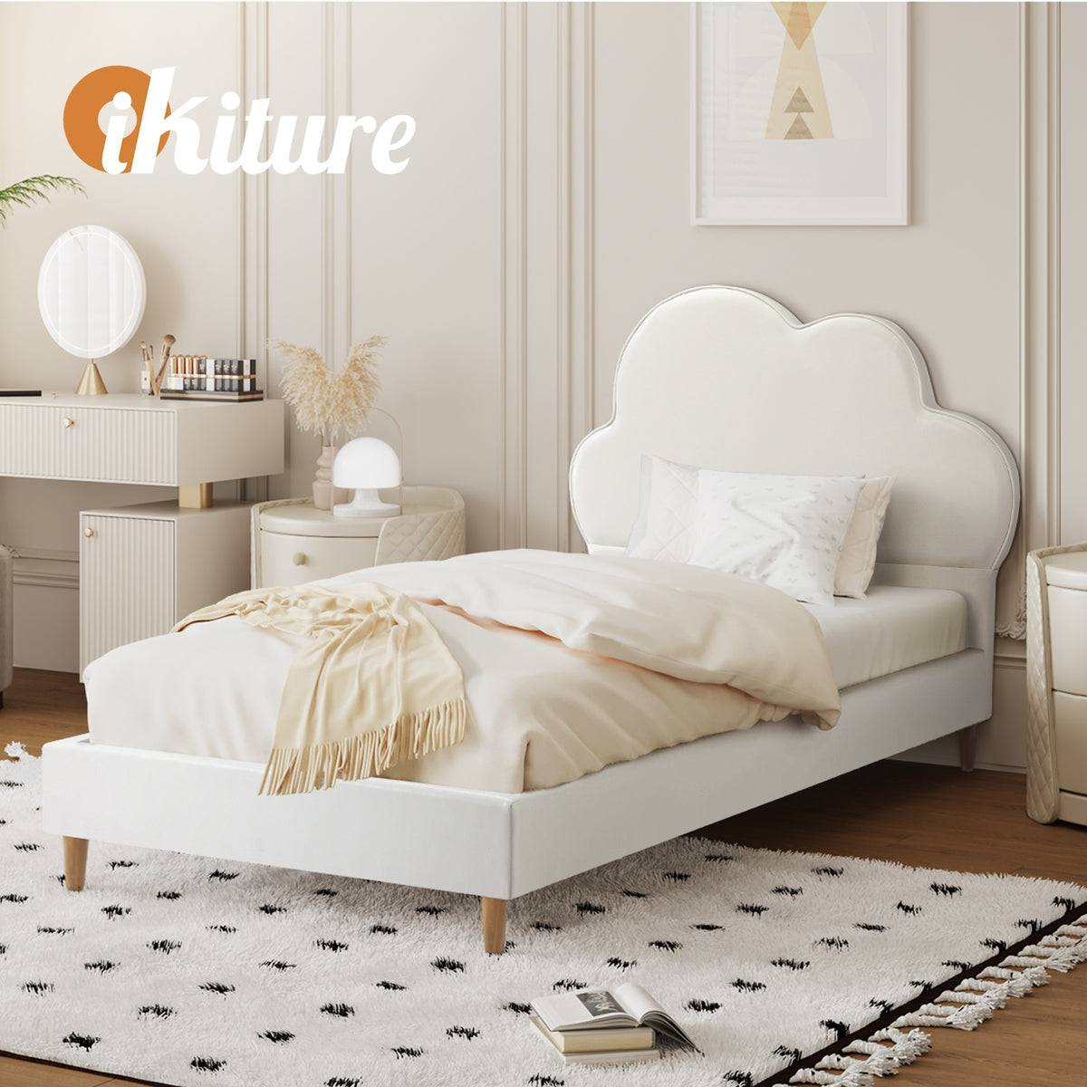 Oikiture Bed Frame 2X Single Size Cloud Kids Bed Frame White Leather