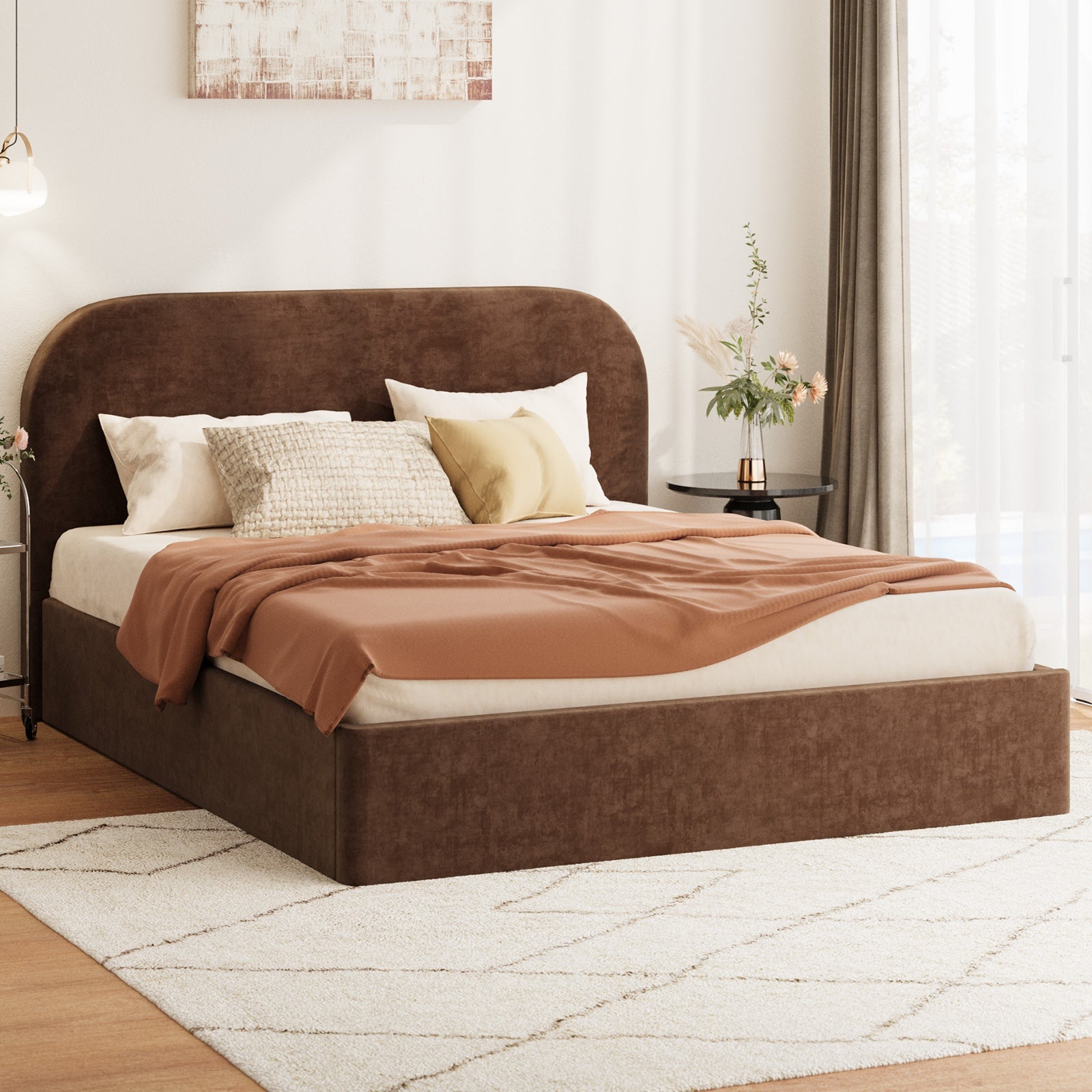 Oikiture Bed Frame Double Size Gas Lift Storage Base Rounded Corner Velvet Brown