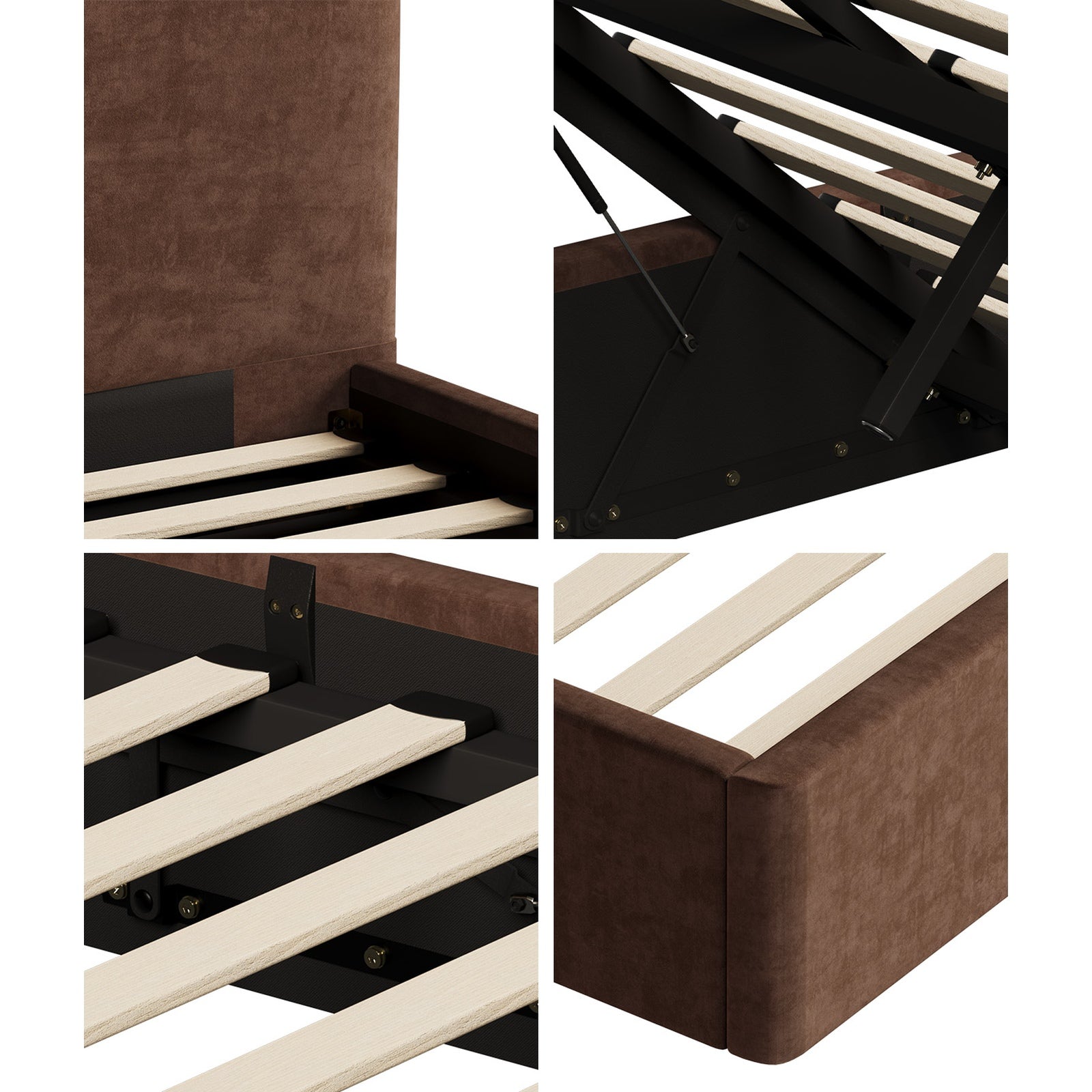 Oikiture Bed Frame Double Size Gas Lift Storage Base Rounded Corner Velvet Brown