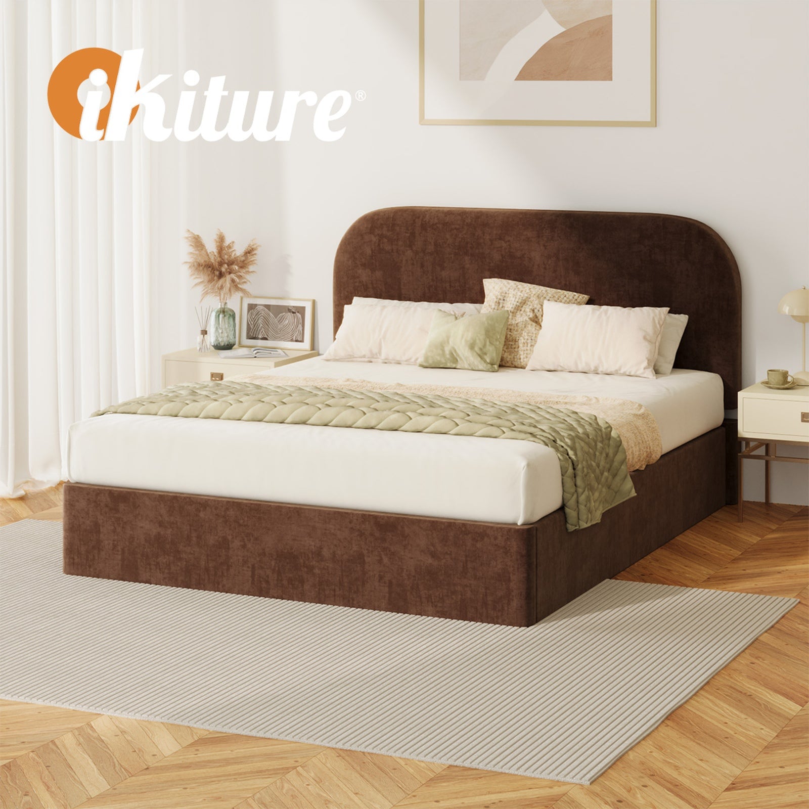Oikiture Bed Frame Double Size Gas Lift Storage Base Rounded Corner Velvet Brown