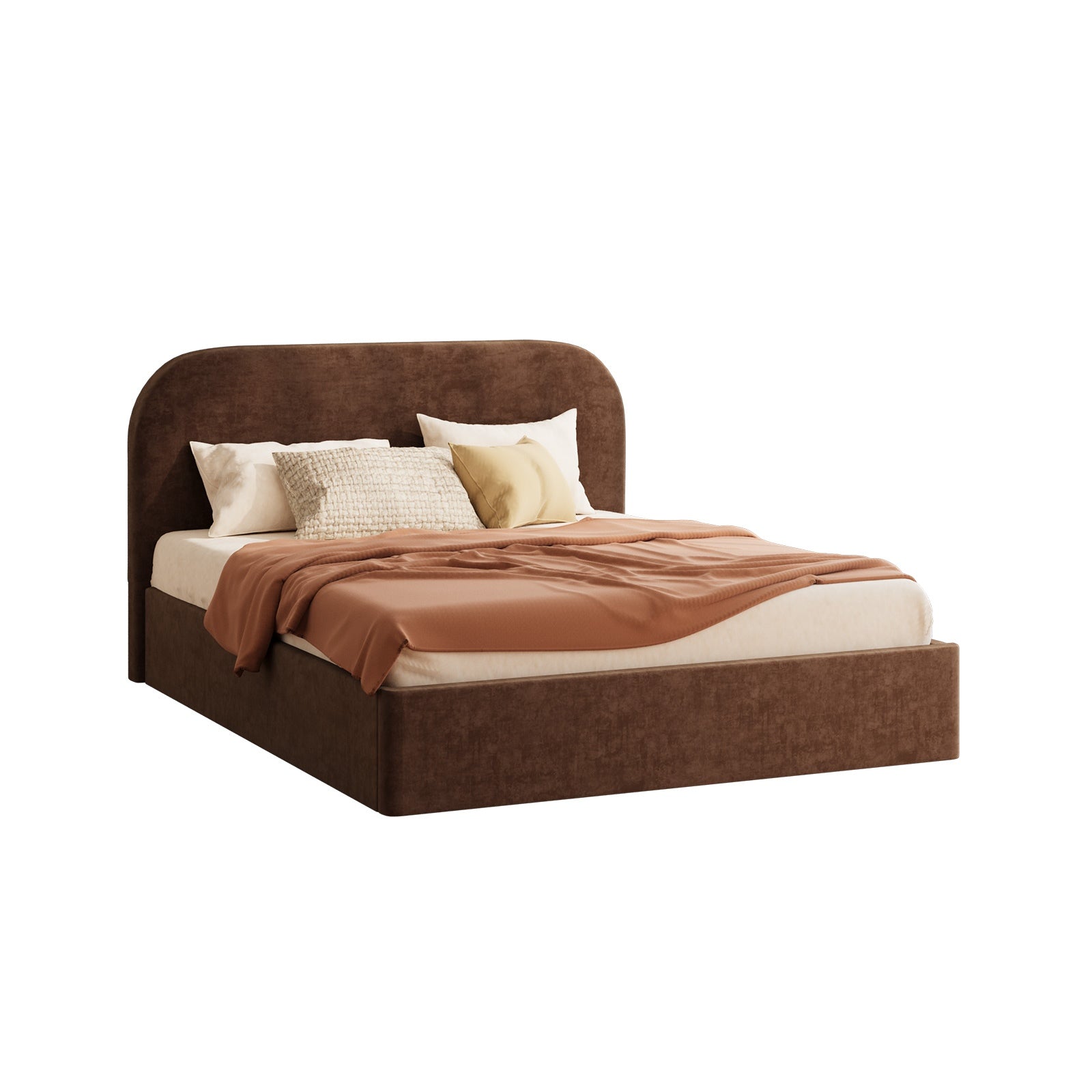 Oikiture Bed Frame Double Size Gas Lift Storage Base Rounded Corner Velvet Brown