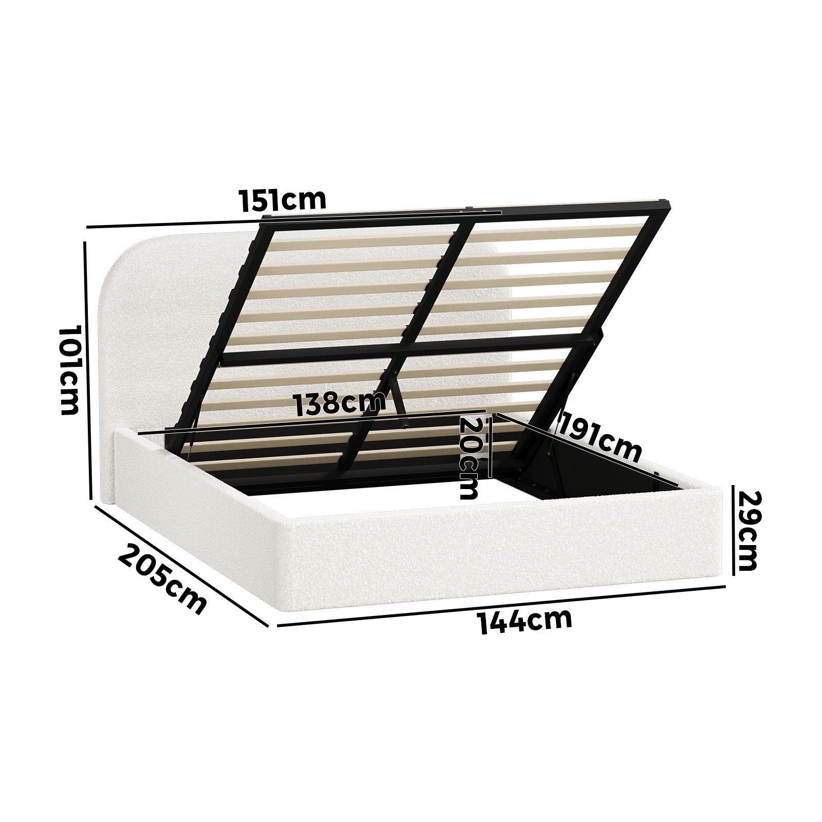 Oikiture Bed Frame Double Size Gas Lift Base with Storage Boucle Rounded Corner - Sunyee