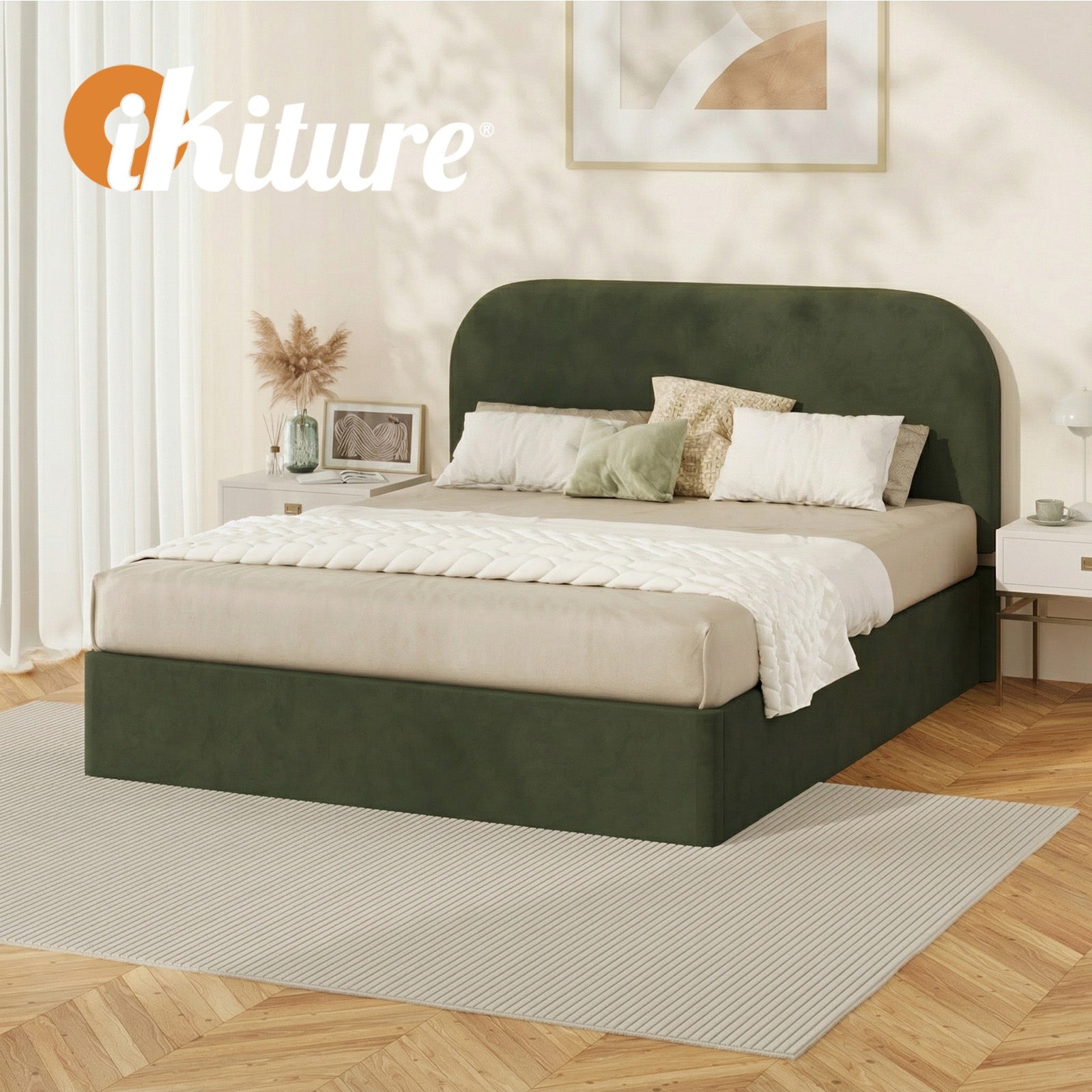 Oikiture Bed Frame Double Size Gas Lift Base with Storage Velvet Rounded Corner