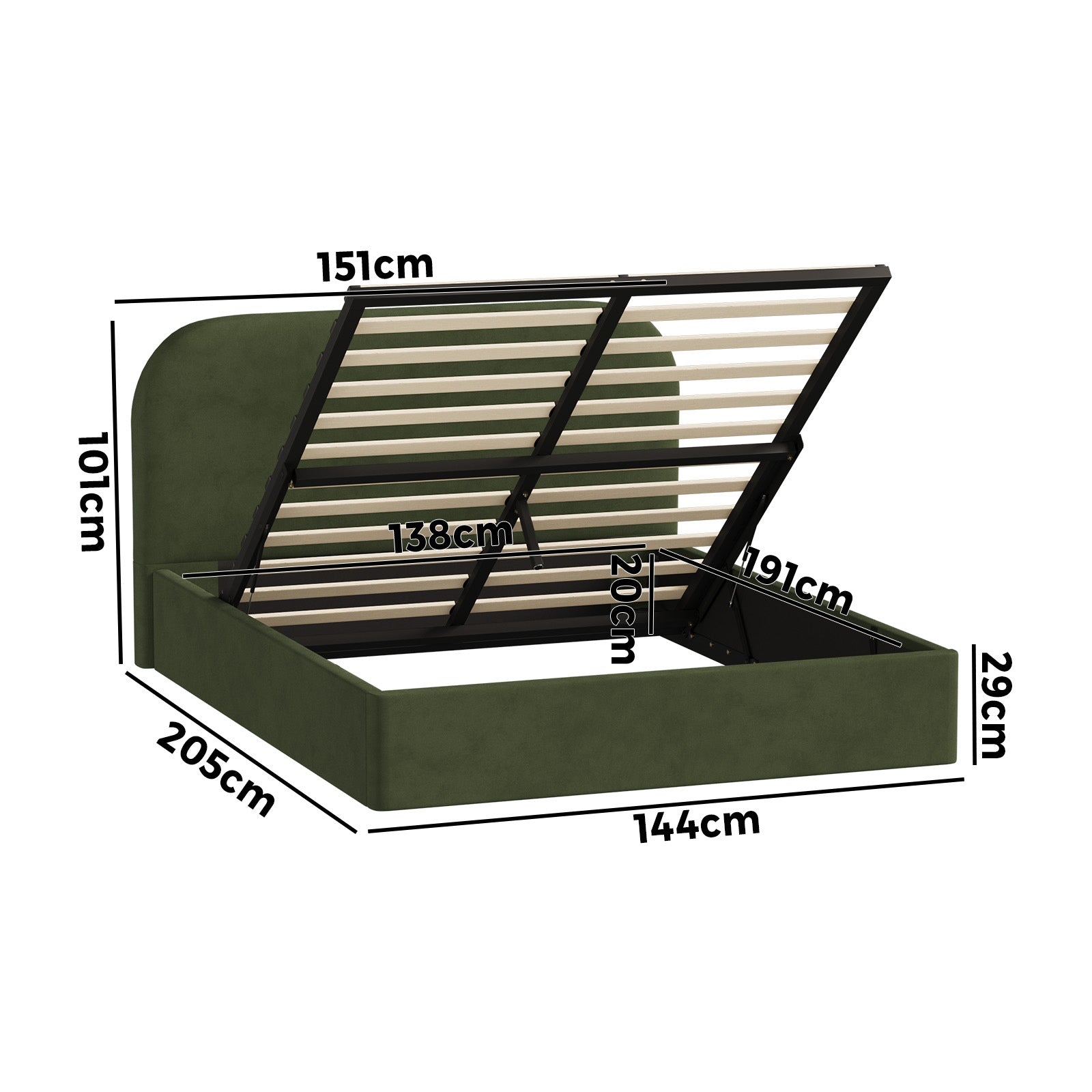 Oikiture Bed Frame Double Size Gas Lift Base with Storage Velvet Rounded Corner