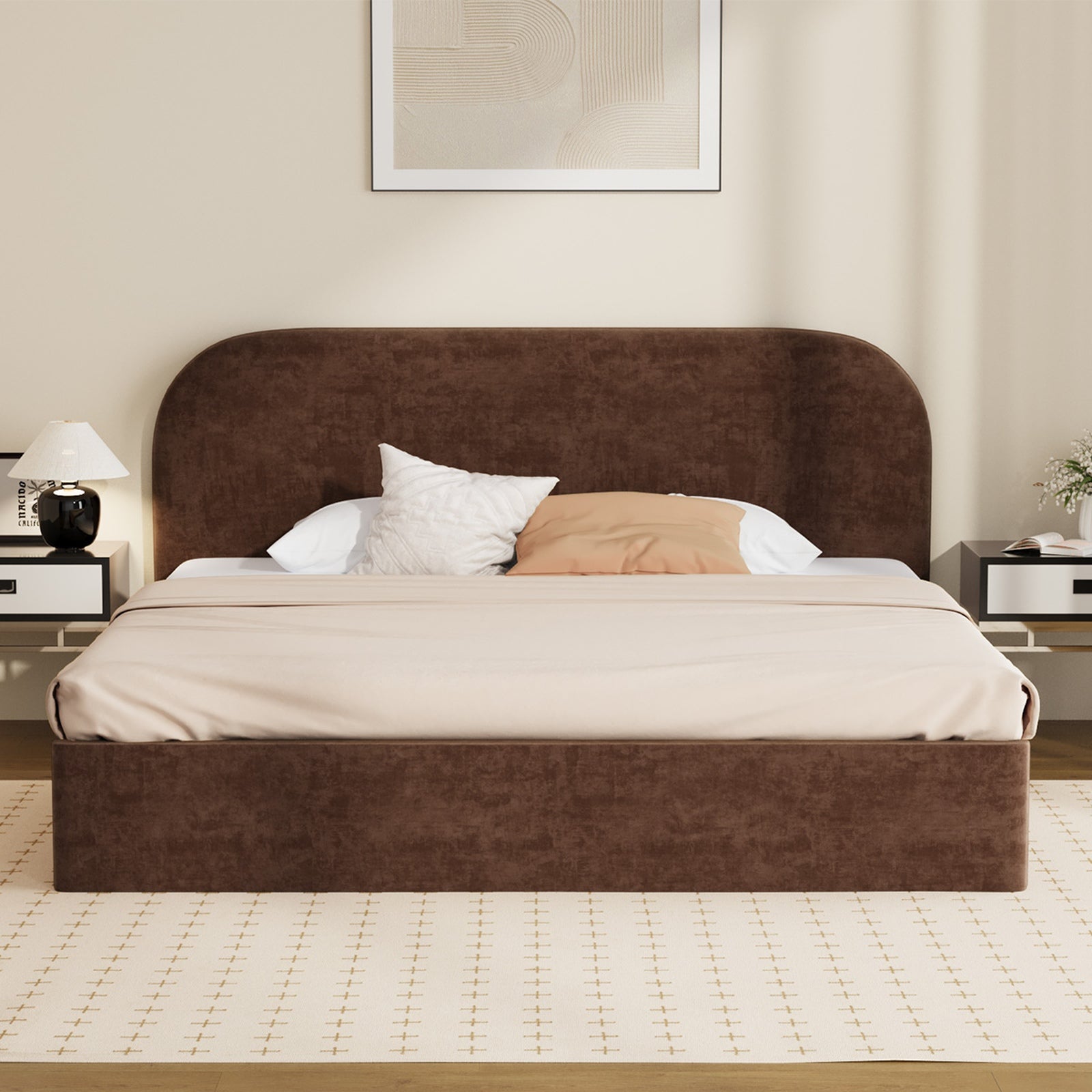 Oikiture Bed Frame King Size Gas Lift Storage Base Rounded Corner Velvet Brown