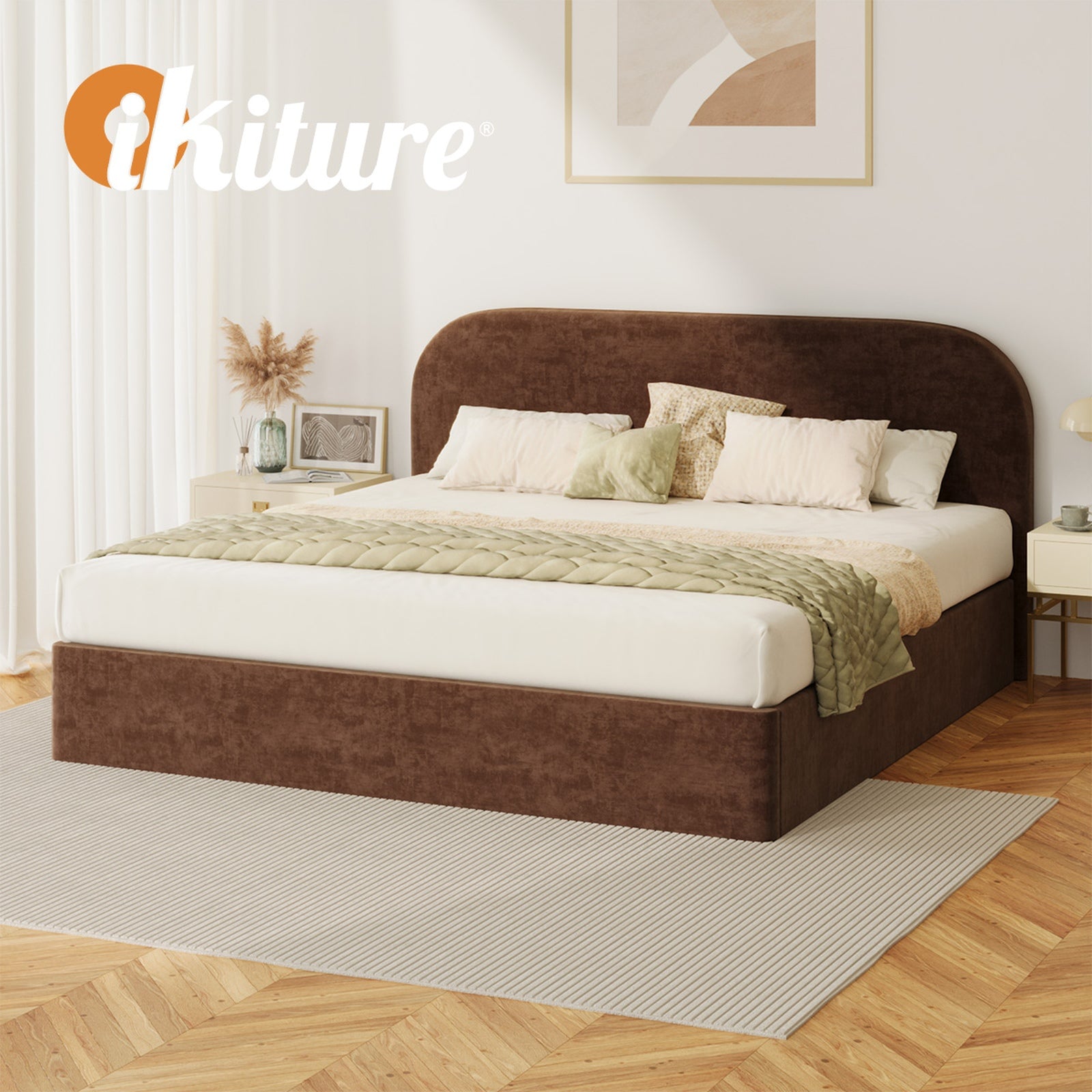 Oikiture Bed Frame King Size Gas Lift Storage Base Rounded Corner Velvet Brown