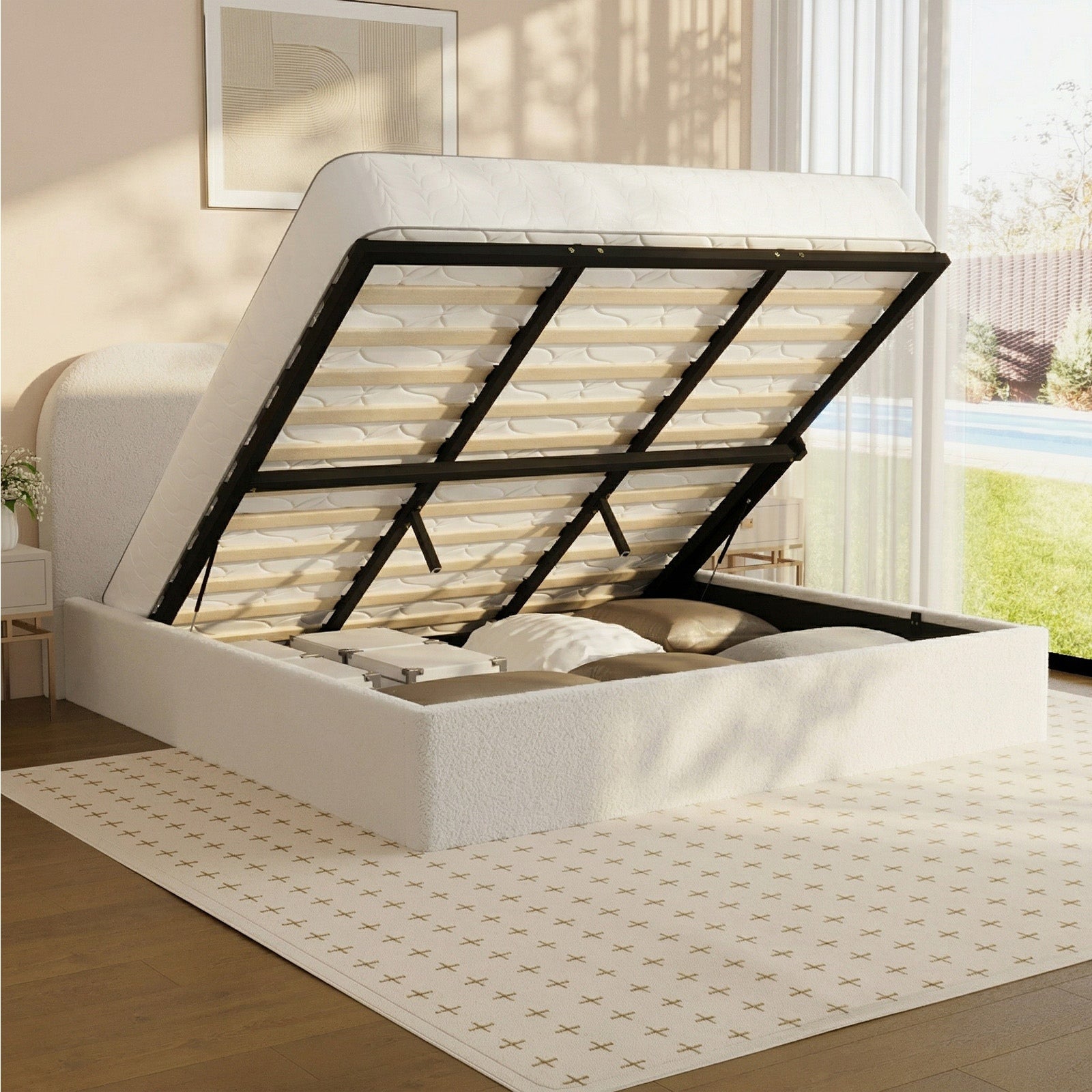 Oikiture Bed Frame King Size Gas Lift Base with Storage Boucle Rounded Corner - Sunyee