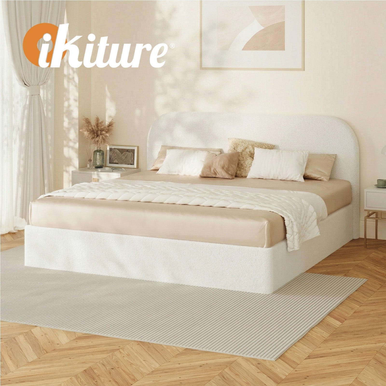 Oikiture Bed Frame King Size Gas Lift Base with Storage Boucle Rounded Corner - Sunyee