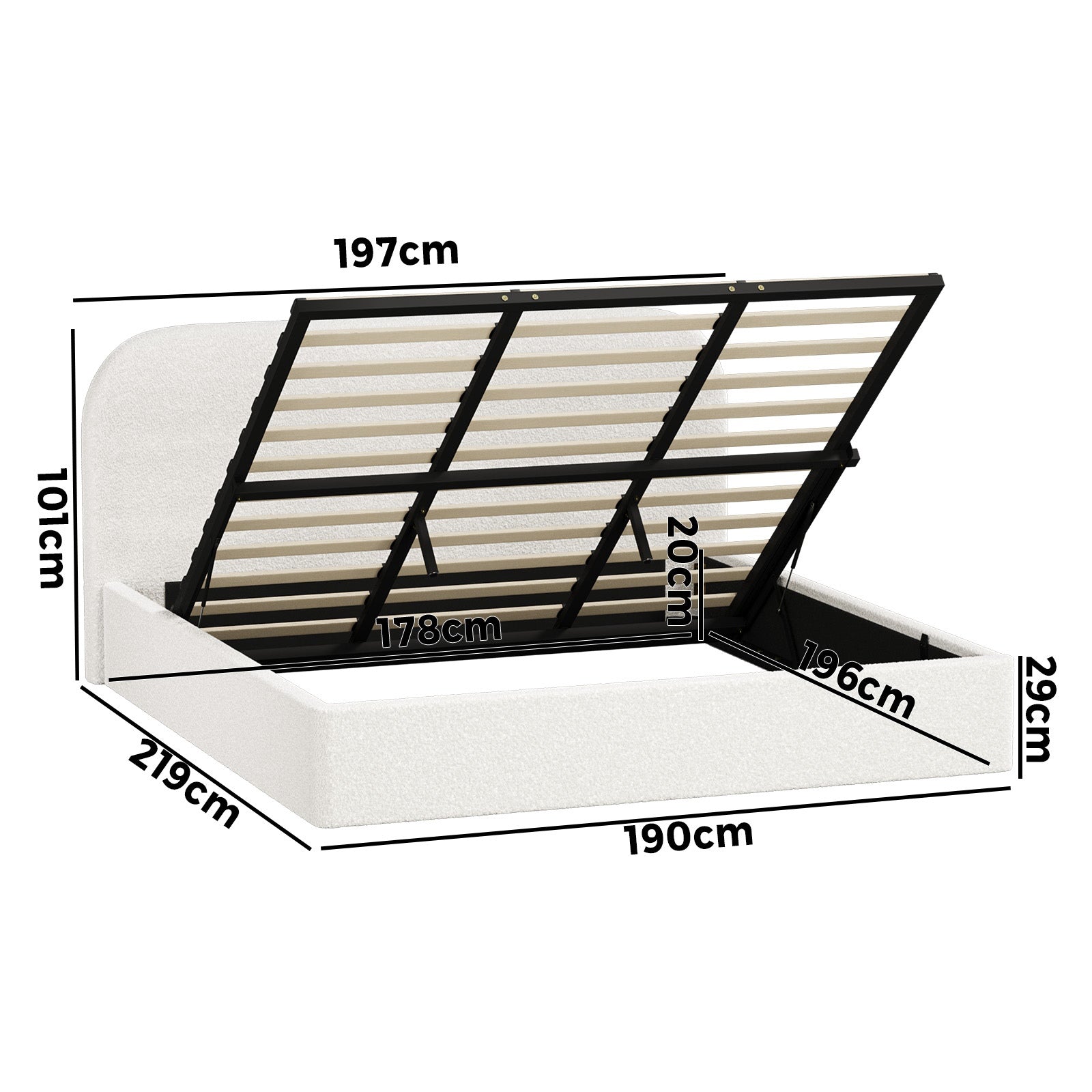 Oikiture Bed Frame King Size Gas Lift Base with Storage Boucle Rounded Corner - Sunyee