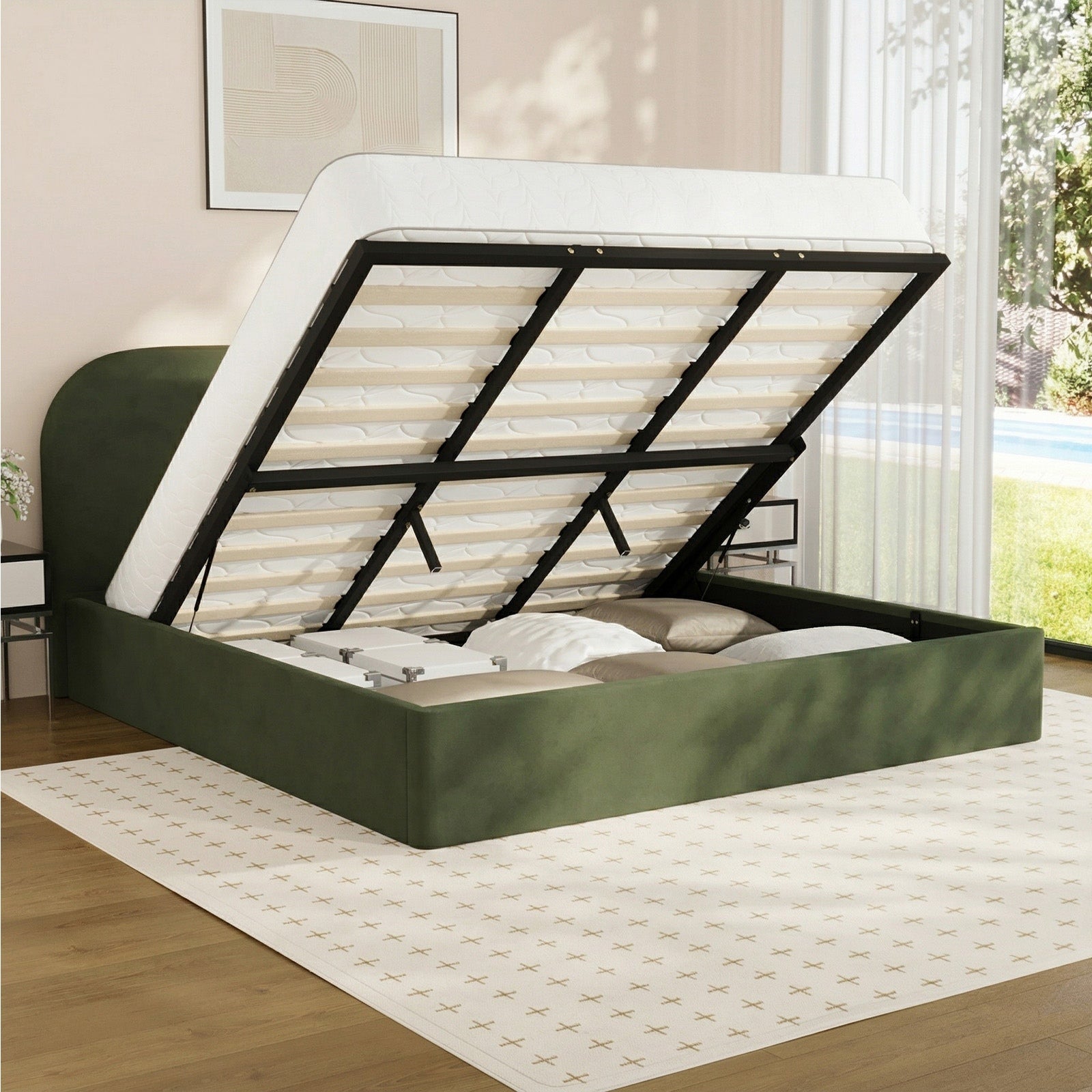 Oikiture Bed Frame King Size Gas Lift Base with Storage Velvet Rounded Corner - Sunyee