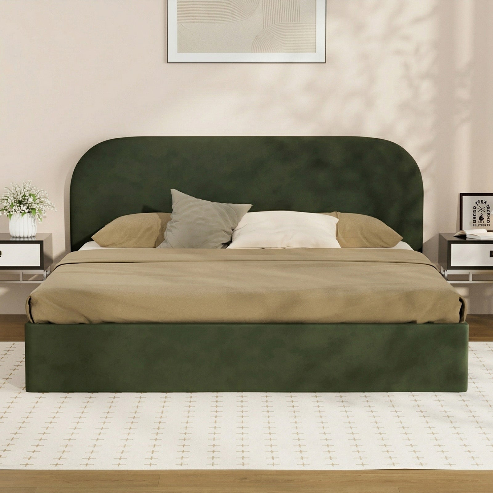 Oikiture Bed Frame King Size Gas Lift Base with Storage Velvet Rounded Corner - Sunyee