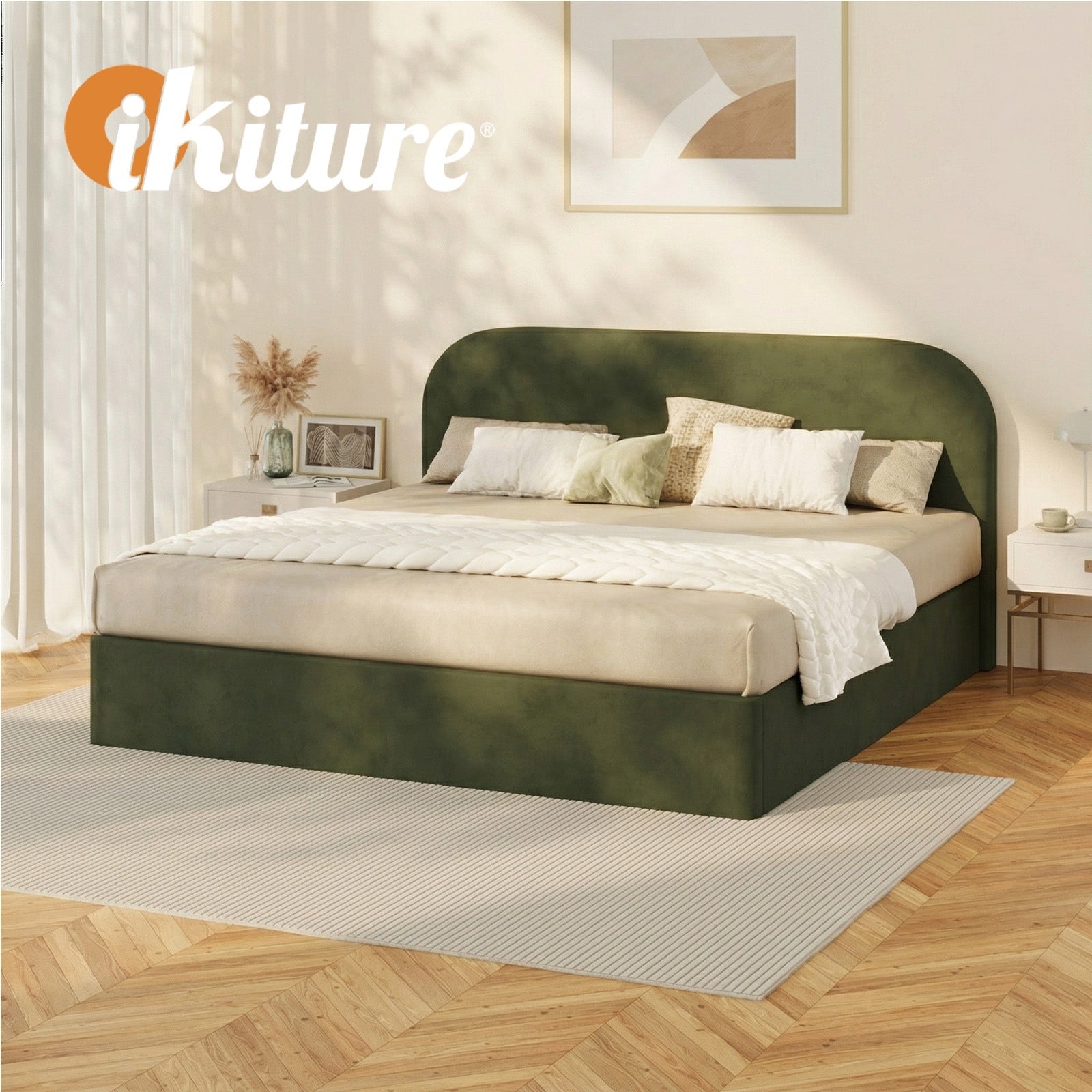 Oikiture Bed Frame King Size Gas Lift Base with Storage Velvet Rounded Corner - Sunyee
