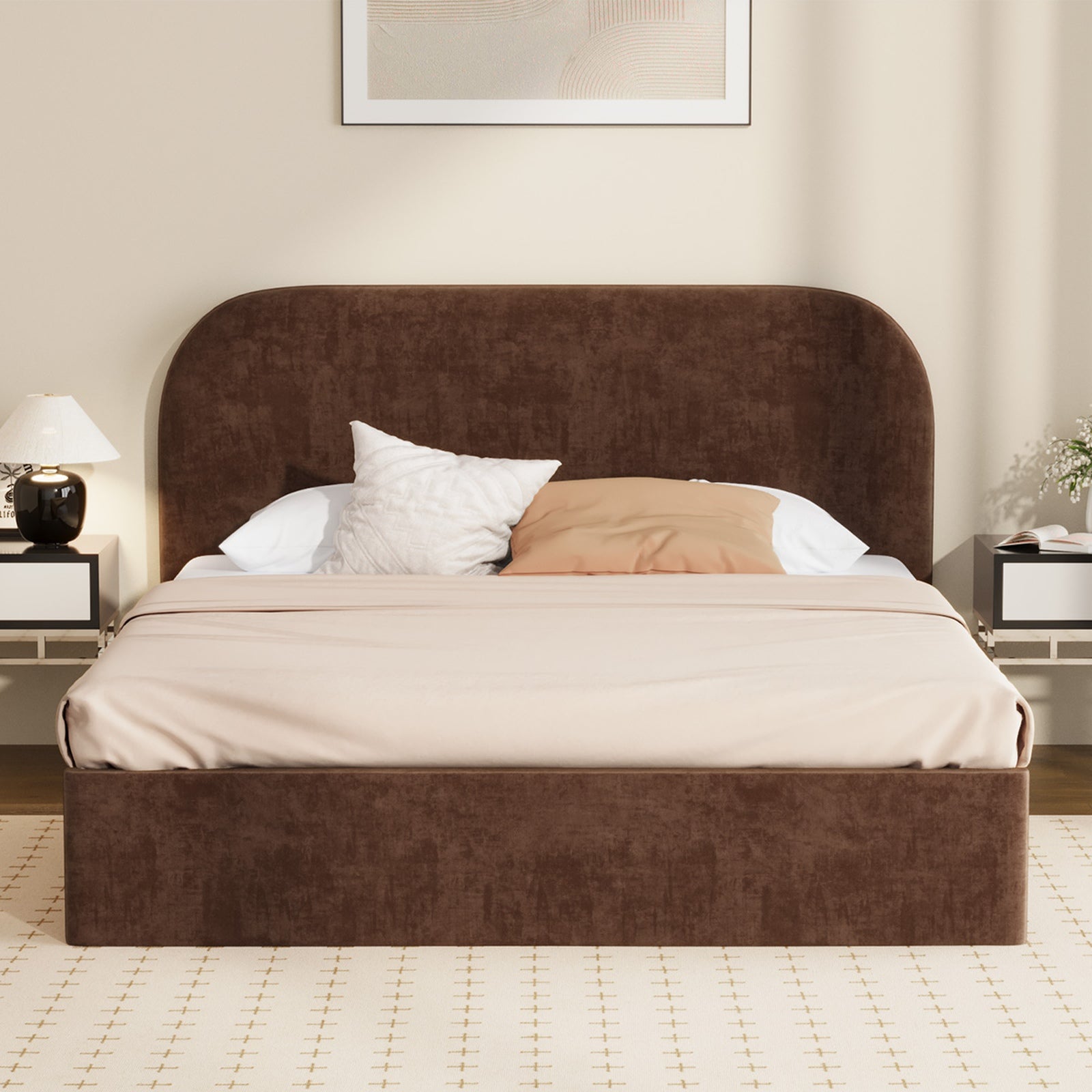 Oikiture Bed Frame Queen Size Gas Lift Storage Base Rounded Corner Velvet Brown