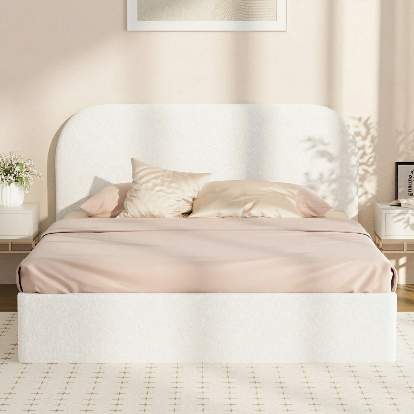 Oikiture Bed Frame Queen Size Gas Lift Base with Storage Boucle Rounded Corner - Sunyee