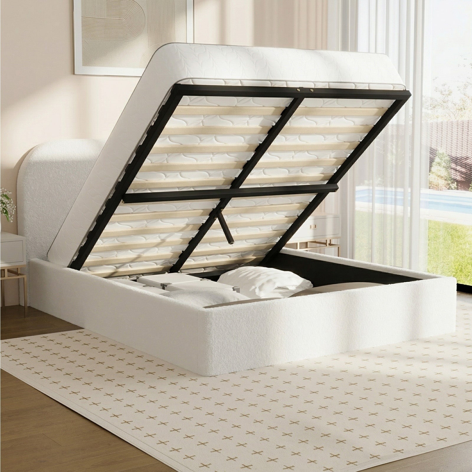 Oikiture Bed Frame Queen Double King Single Gas Lift Base with Storage Boucle