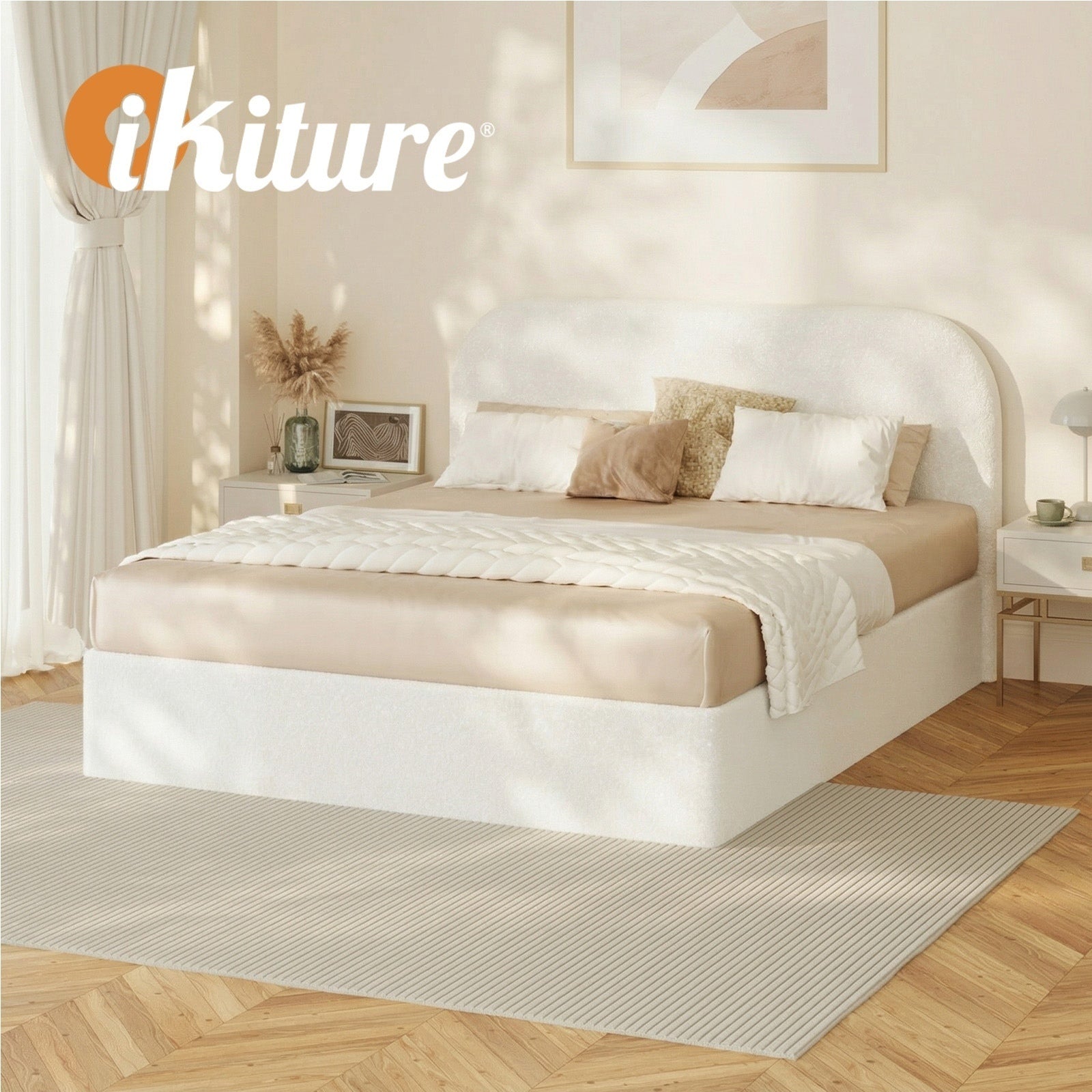 Oikiture Bed Frame Queen Double King Single Gas Lift Base with Storage Boucle