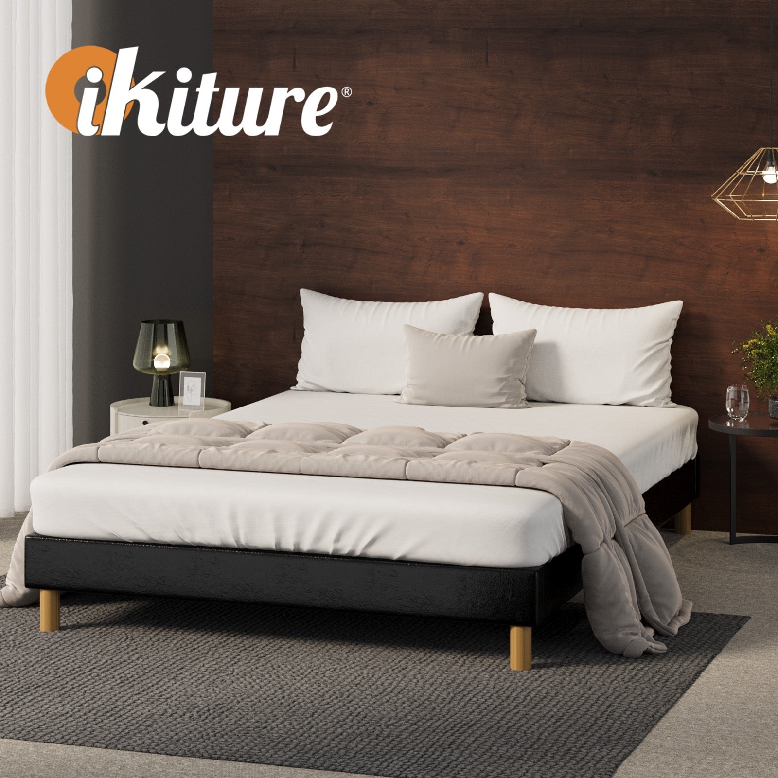 Oikiture Bed Frame Queen Double King Single Full Size Bed Base Black Leather - Sunyee