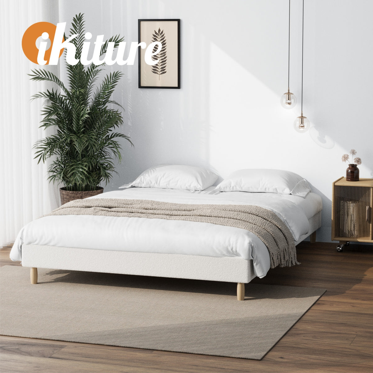 Oikiture Bed Frame Double Size Bed Base White Boucle - Sunyee