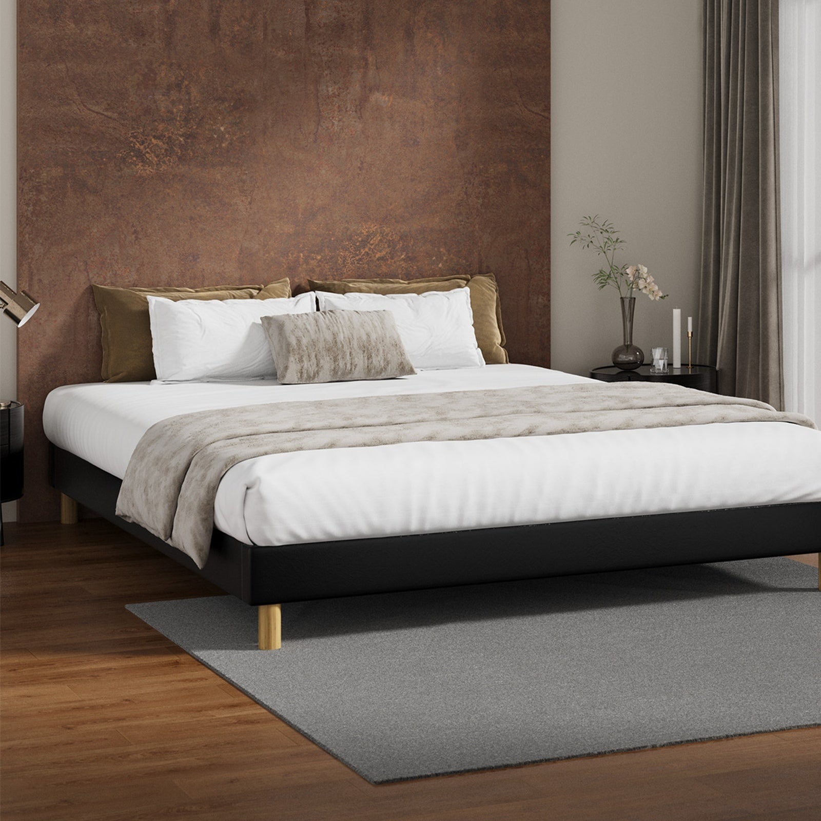 Oikiture Bed Frame Queen Double King Single Full Size Bed Base Black Leather - Sunyee