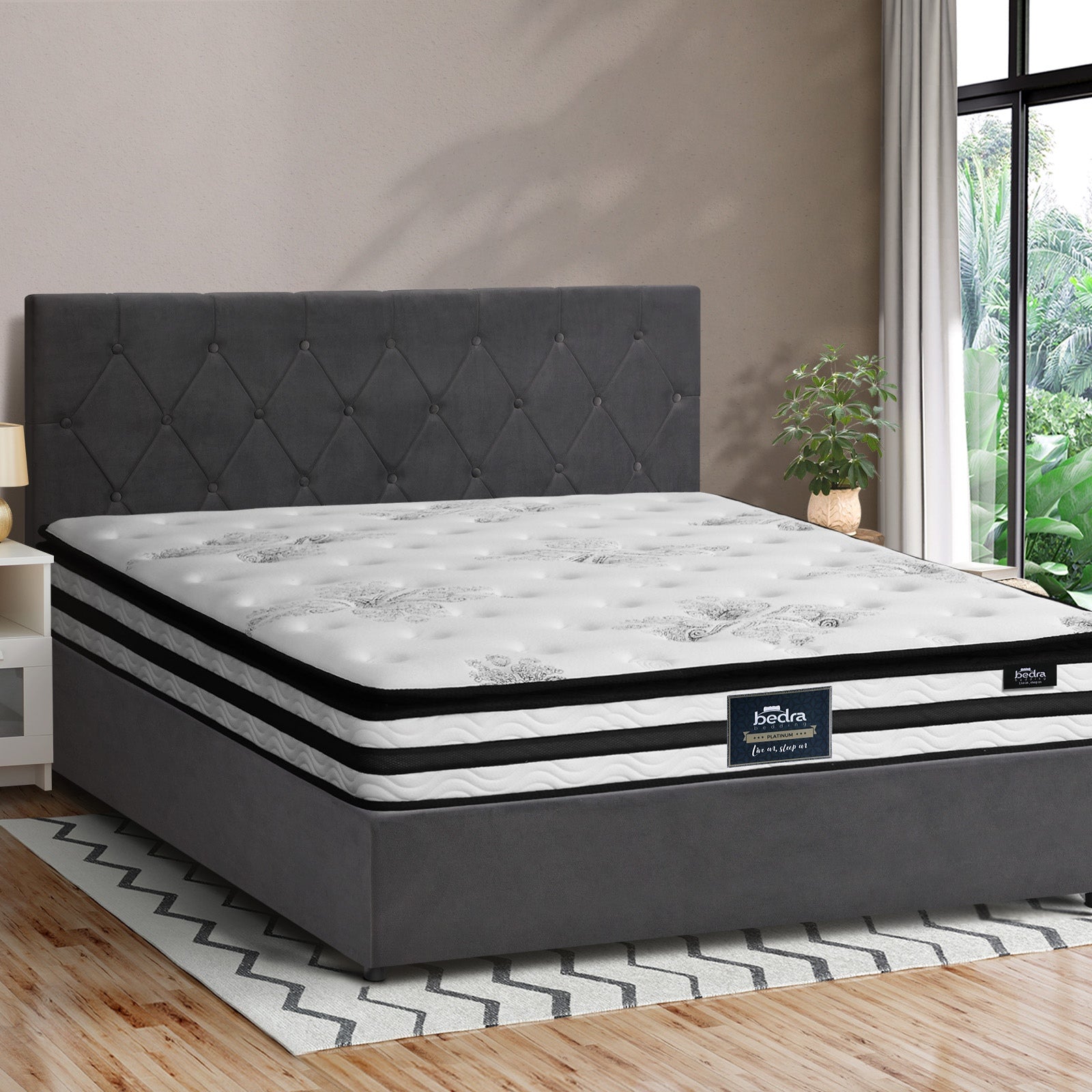 Oikiture Bed Frame Double Size Gas Lift Base with Mattress Velvet Grey - Sunyee