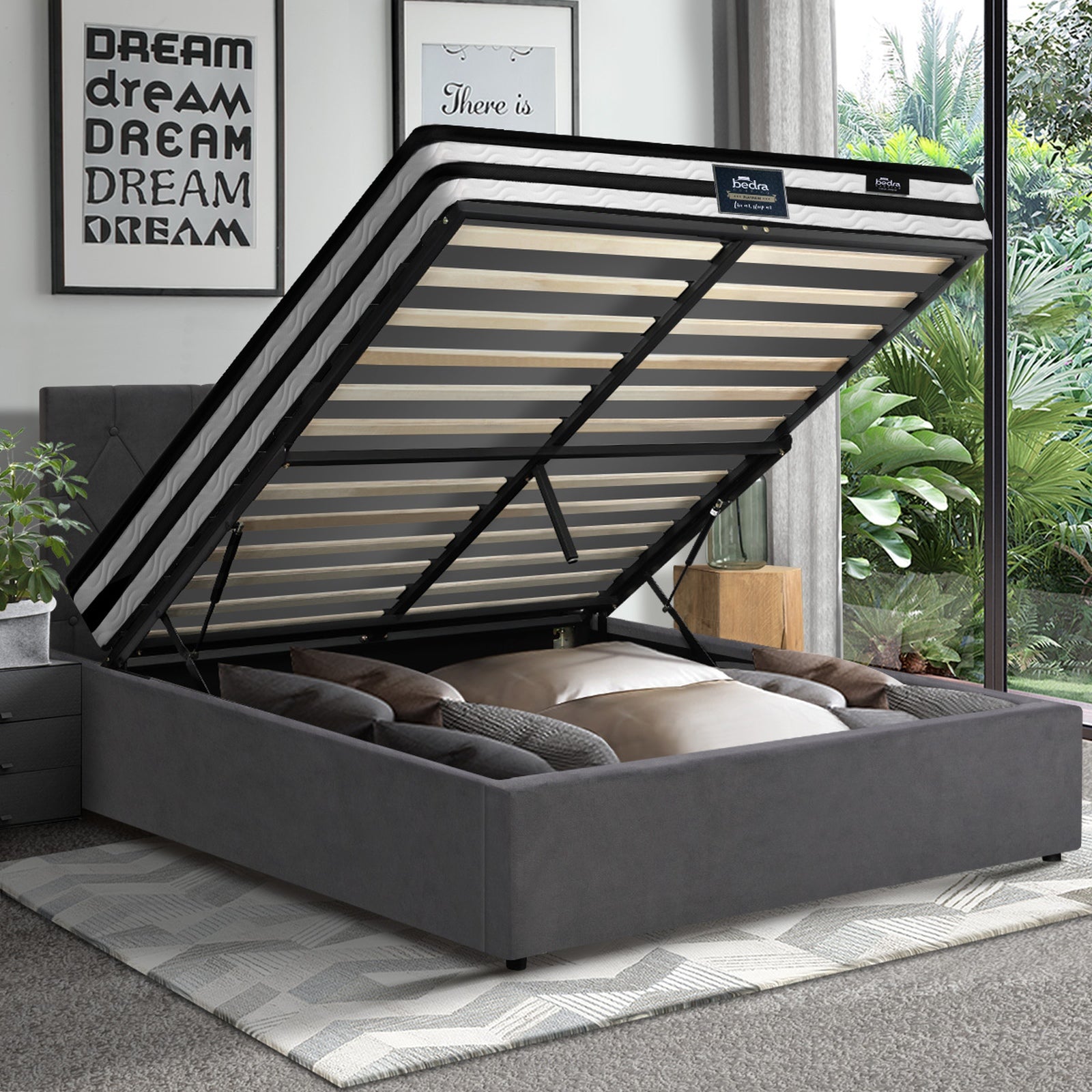 Oikiture Bed Frame Double Size Gas Lift Base with Mattress Velvet Grey - Sunyee