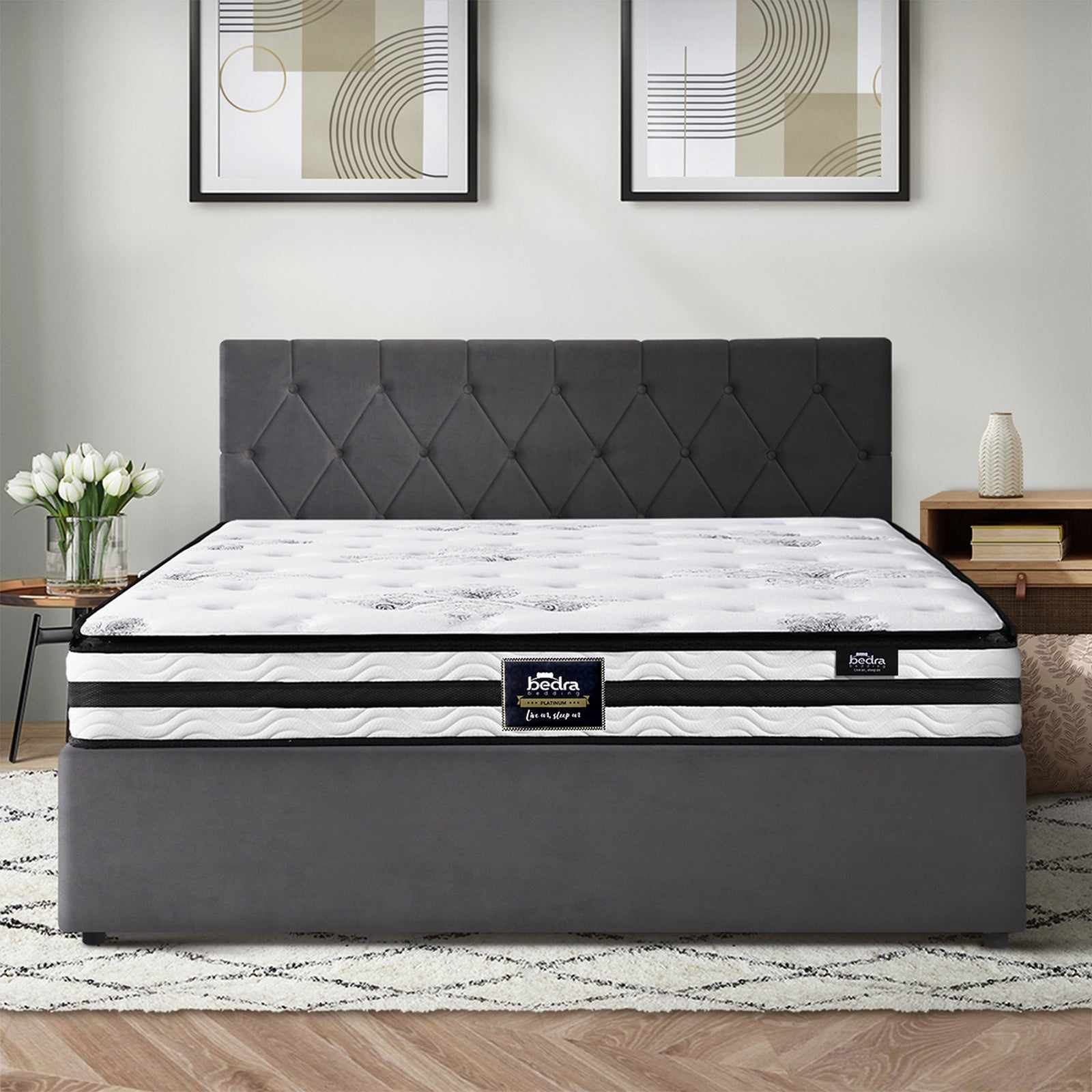 Oikiture Bed Frame Double Size Gas Lift Base with Mattress Velvet Grey - Sunyee