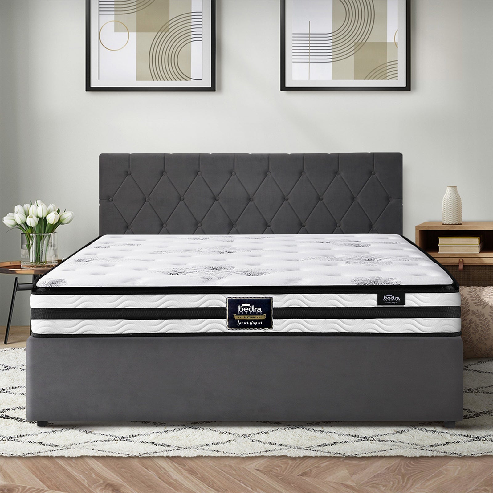 Oikiture Bed Frame King Size Gas Lift Base with Mattress Velvet Grey - Sunyee