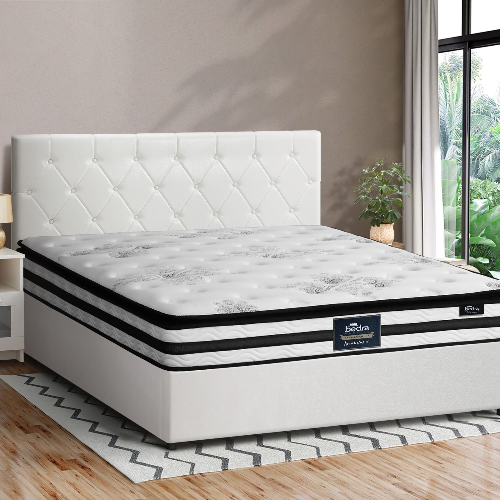 Oikiture Bed Frame Double Size Gas Lift Base with Mattress White Leather - Sunyee
