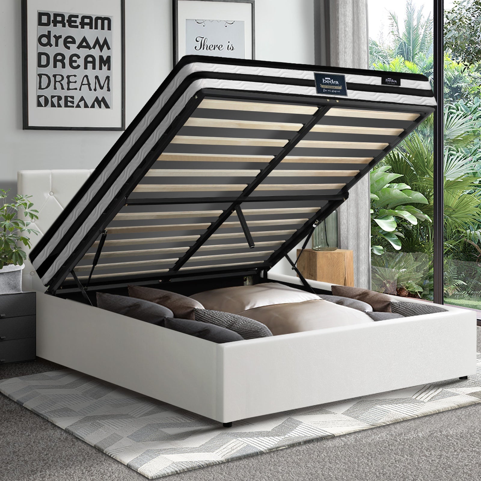 Oikiture Bed Frame Double Size Gas Lift Base with Mattress White Leather - Sunyee