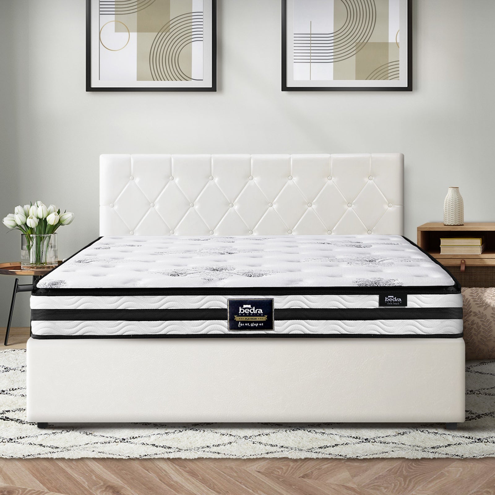 Oikiture Bed Frame Double Size Gas Lift Base with Mattress White Leather - Sunyee