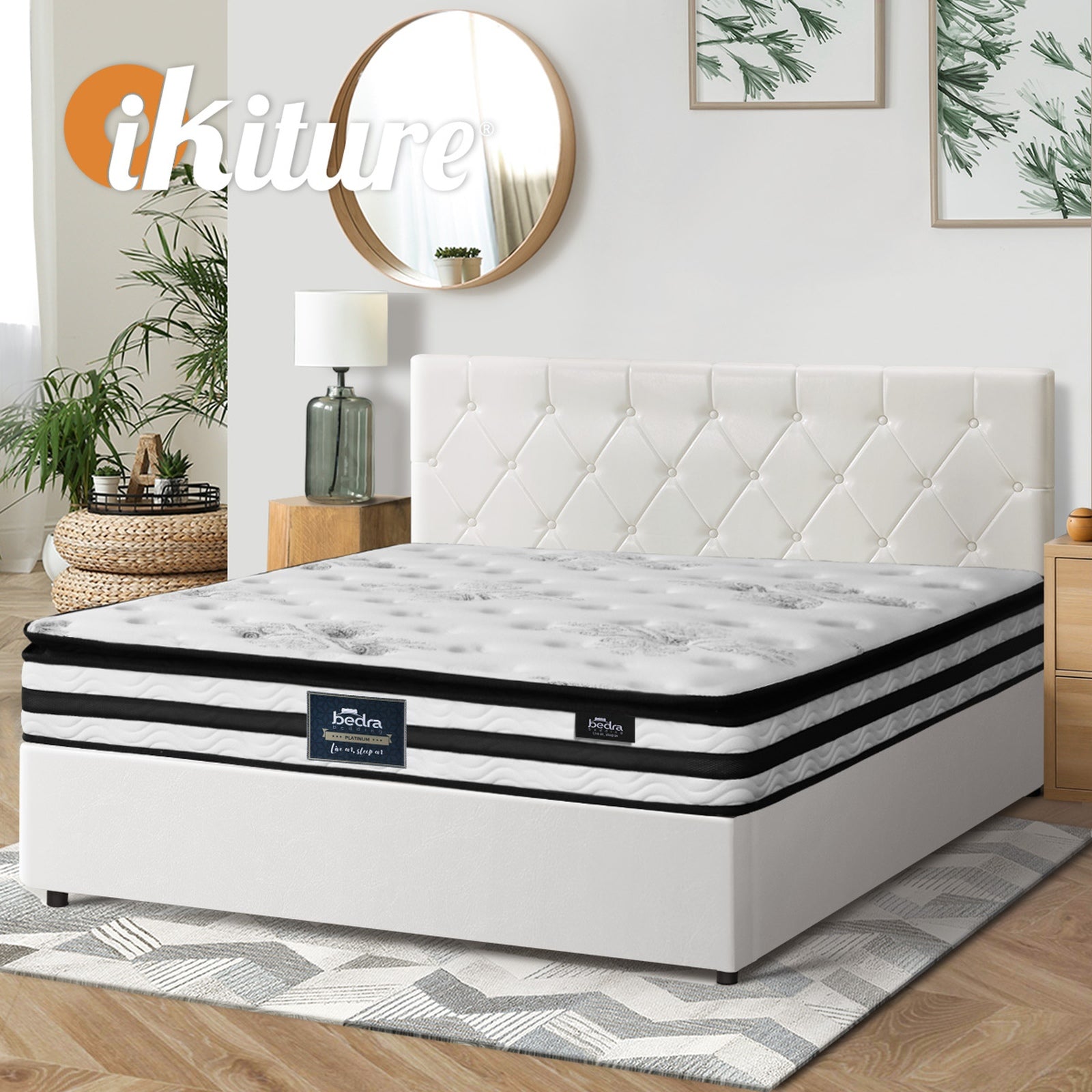 Oikiture Bed Frame Double Size Gas Lift Base with Mattress White Leather - Sunyee