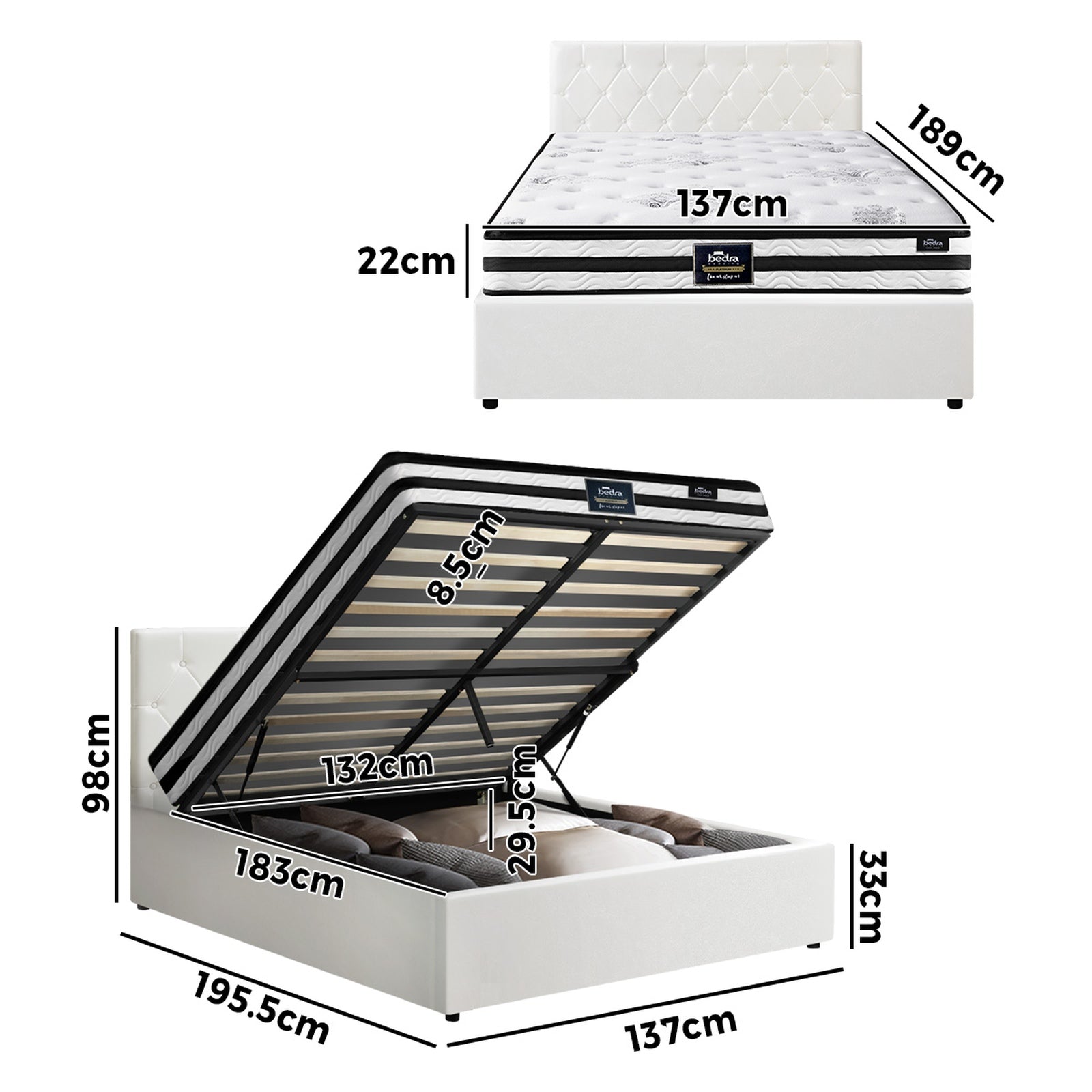Oikiture Bed Frame Double Size Gas Lift Base with Mattress White Leather - Sunyee
