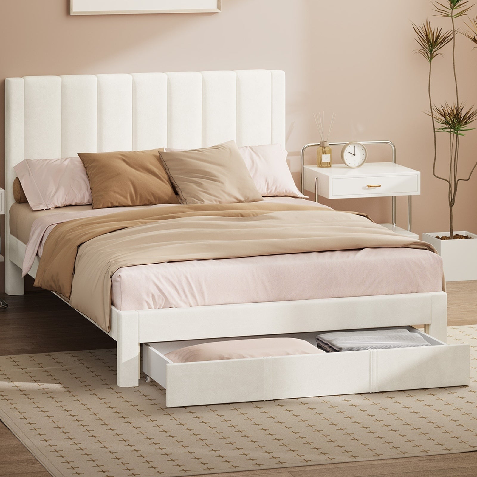 Oikiture Bed Frame Double Size Headboard Platform Base with Drawer Beige