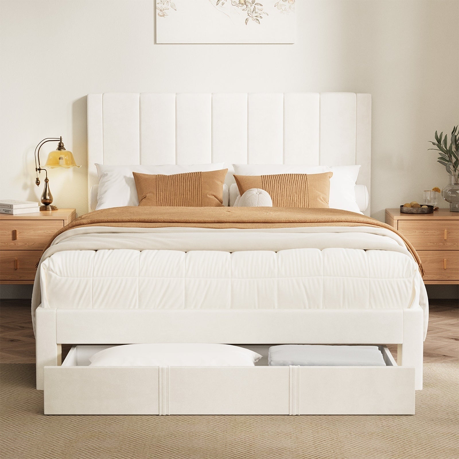Oikiture Bed Frame Double Size Headboard Platform Base with Drawer Beige