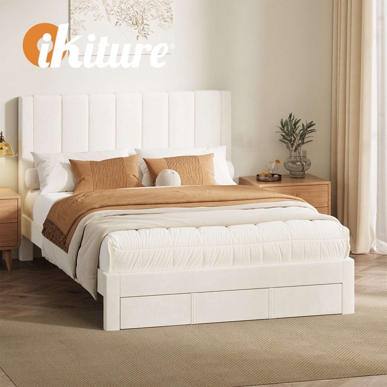 Oikiture Bed Frame Double Size Headboard Platform Base with Drawer Beige