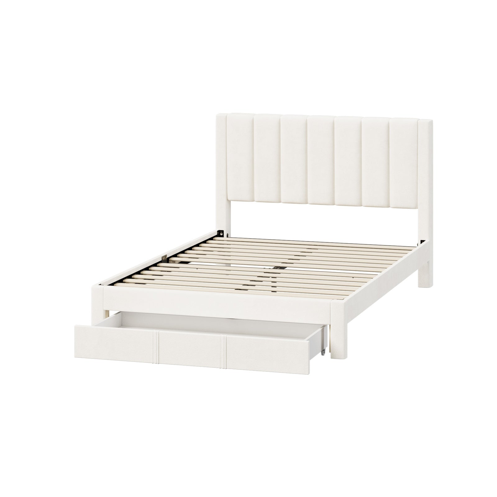 Oikiture Bed Frame Double Size Headboard Platform Base with Drawer Beige