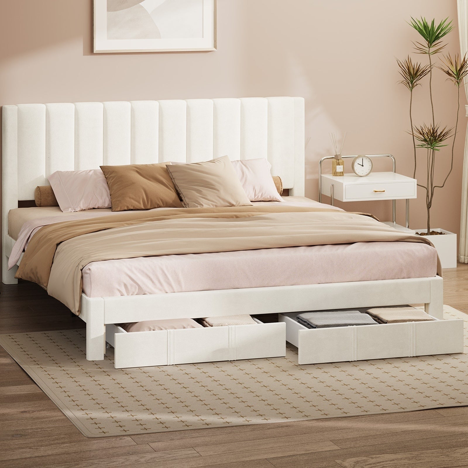 Oikiture Bed Frame King Size Headboard Platform Base with Drawer Beige