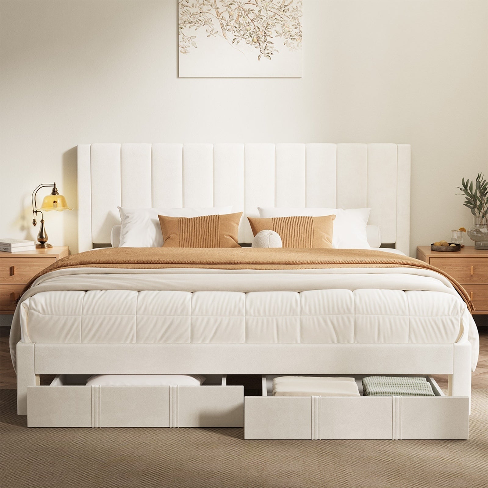 Oikiture Bed Frame King Size Headboard Platform Base with Drawer Beige