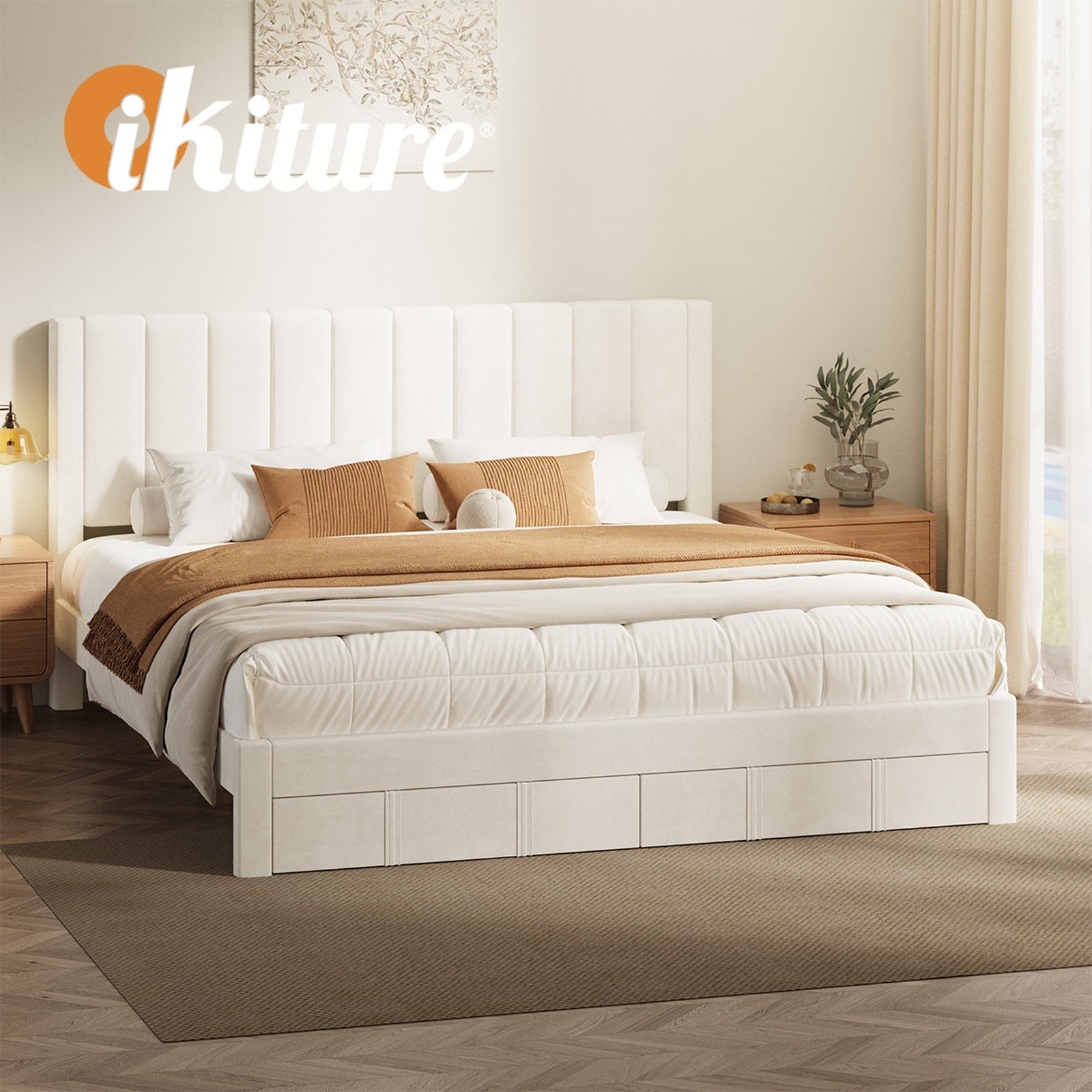 Oikiture Bed Frame King Size Headboard Platform Base with Drawer Beige