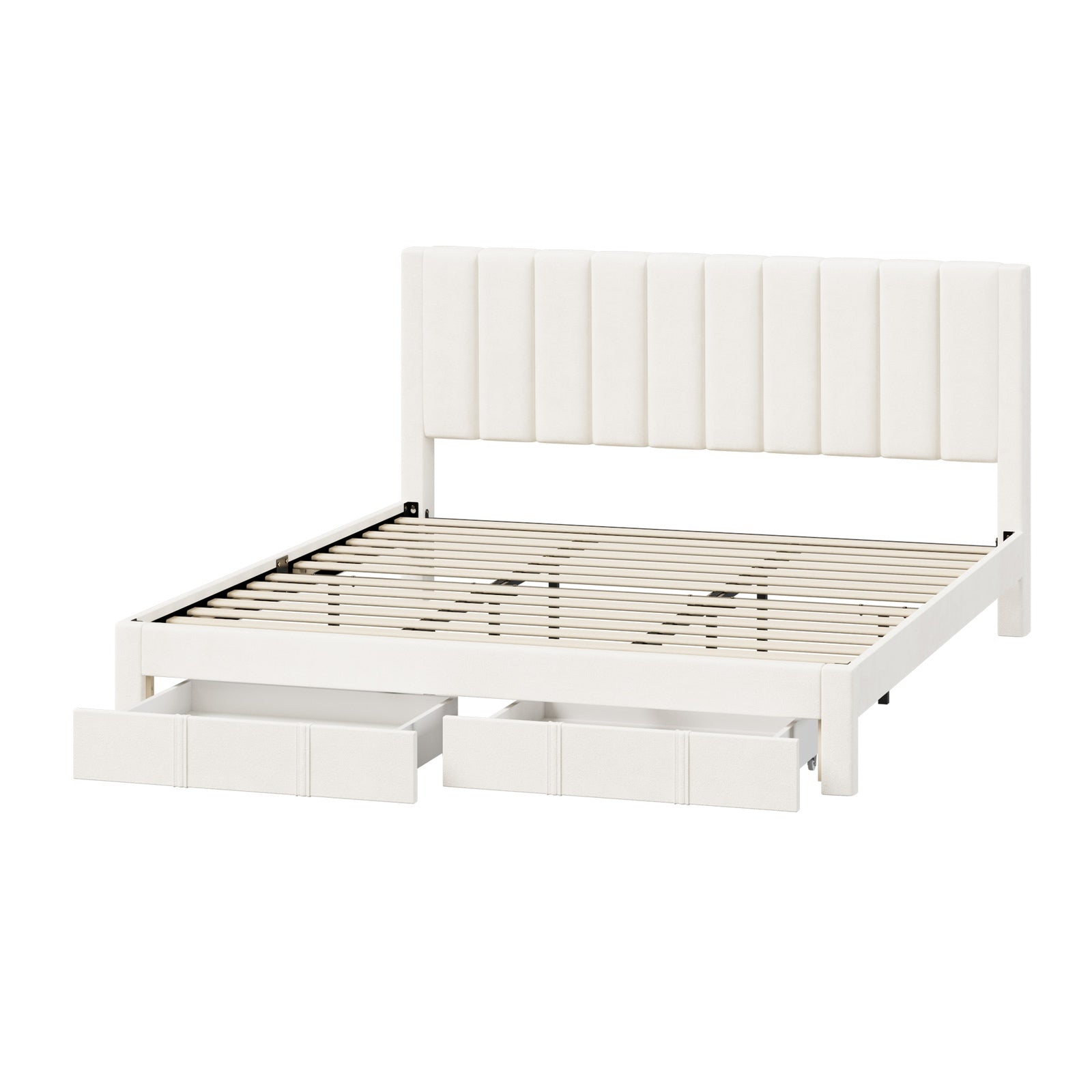 Oikiture Bed Frame King Size Headboard Platform Base with Drawer Beige