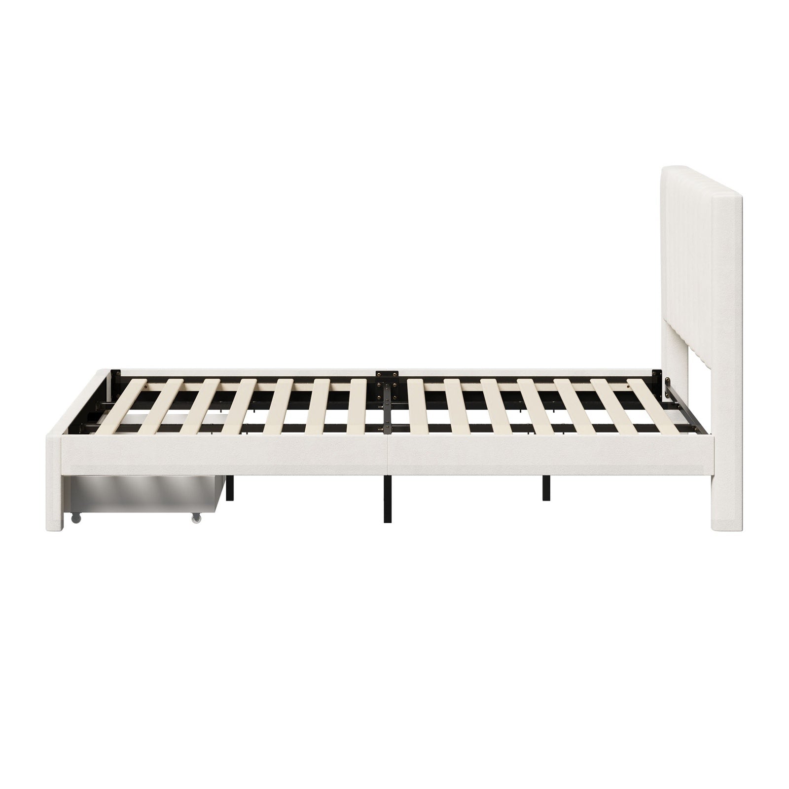 Oikiture Bed Frame King Size Headboard Platform Base with Drawer Beige