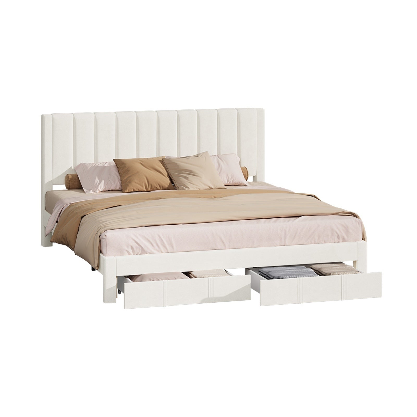 Oikiture Bed Frame King Size Headboard Platform Base with Drawer Beige