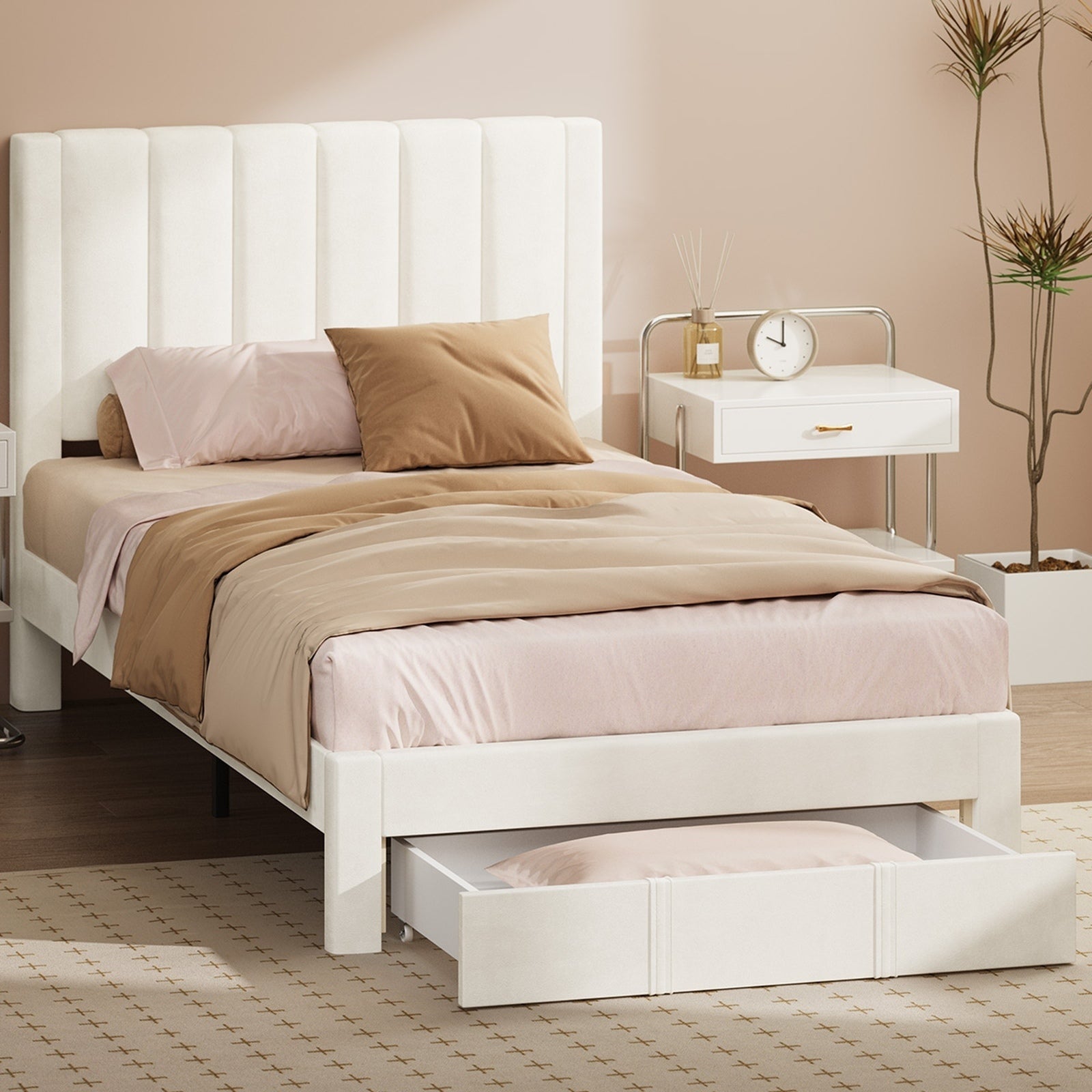 Oikiture Bed Frame King Single Size Headboard Platform Base with Drawer Beige