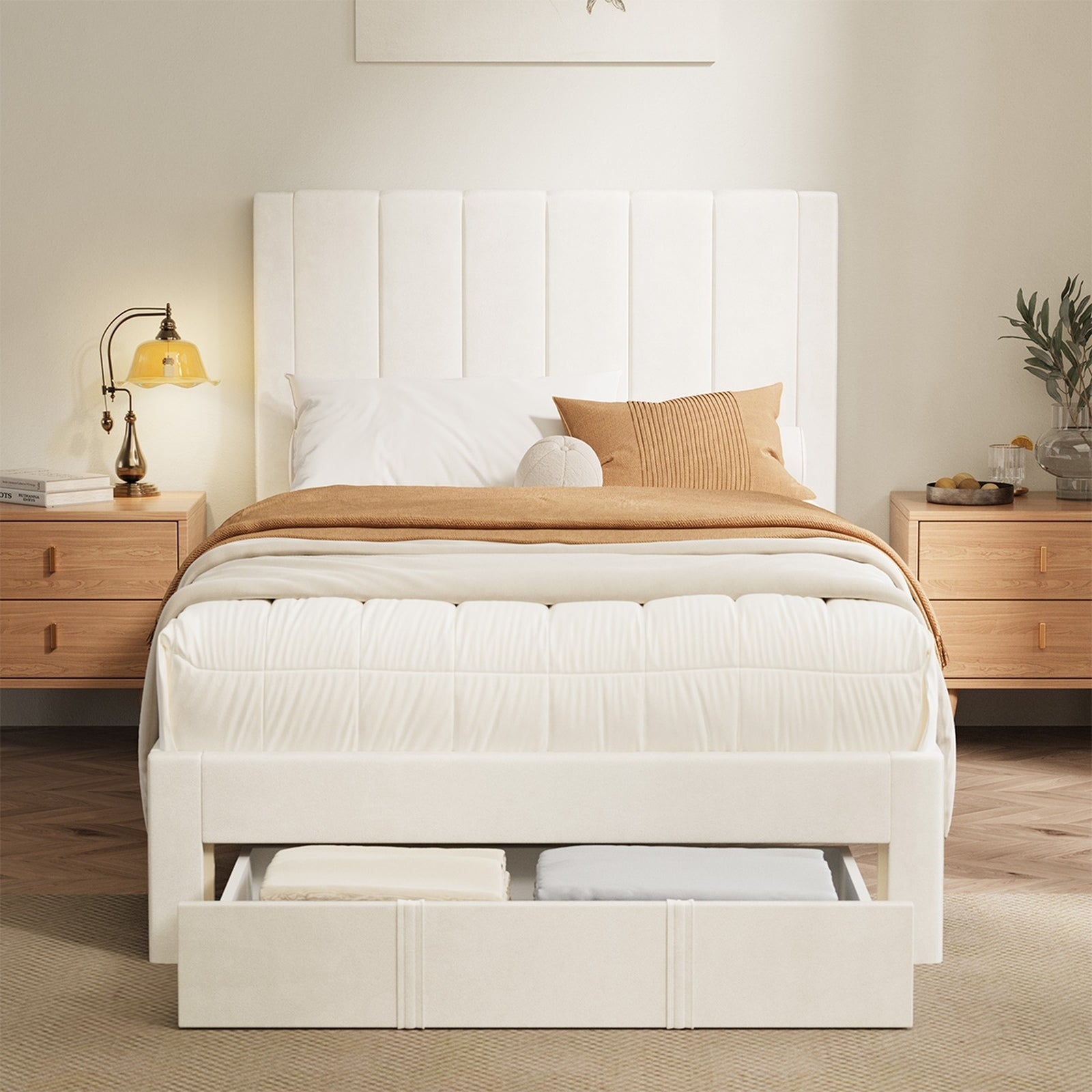 Oikiture Bed Frame King Single Size Headboard Platform Base with Drawer Beige