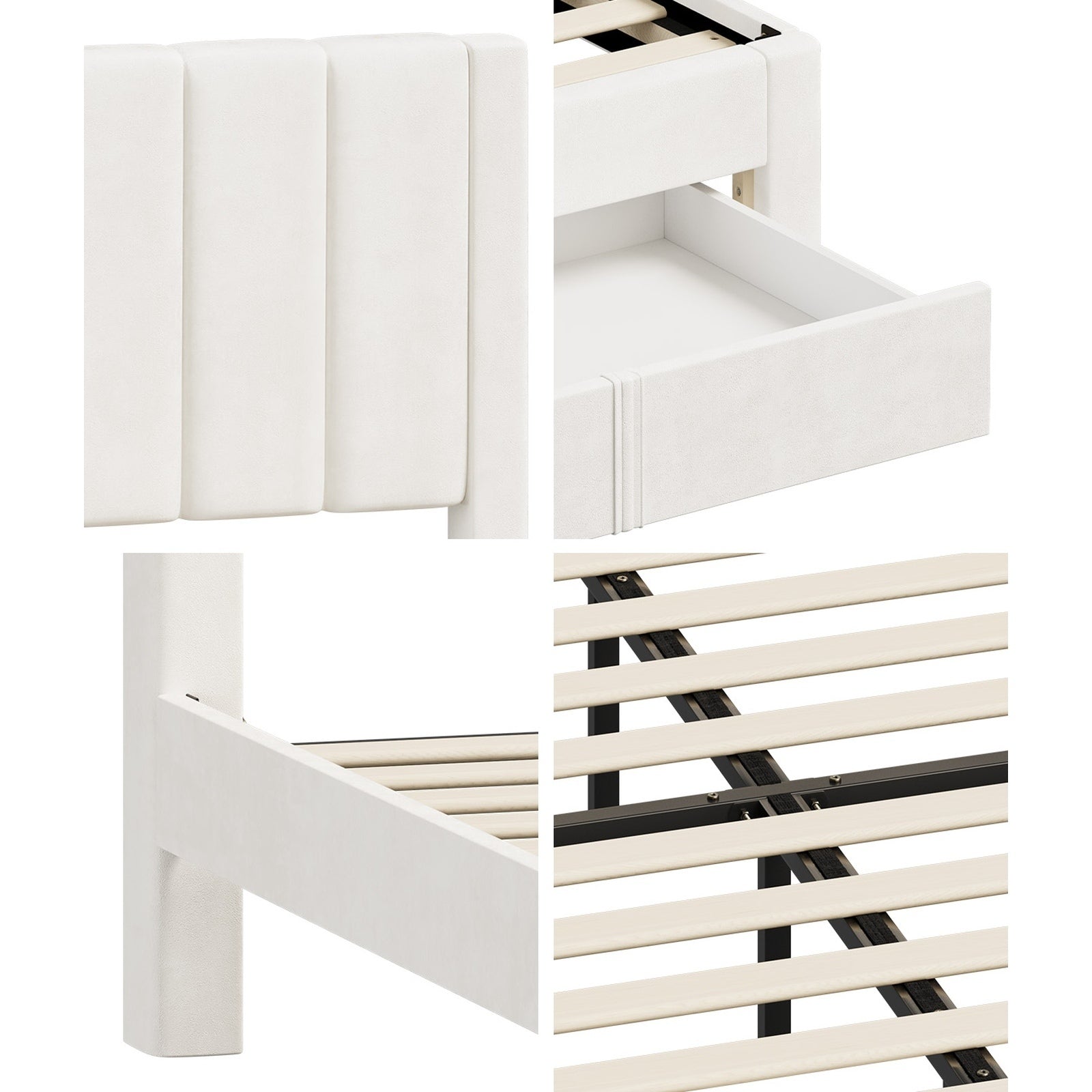 Oikiture Bed Frame King Single Size Headboard Platform Base with Drawer Beige