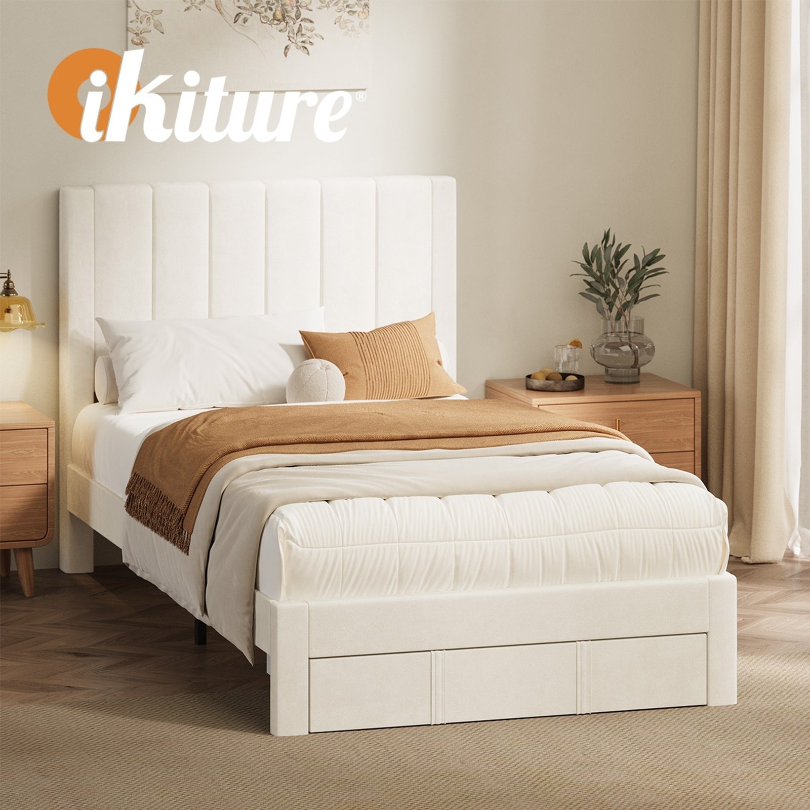 Oikiture Bed Frame King Single Size Headboard Platform Base with Drawer Beige