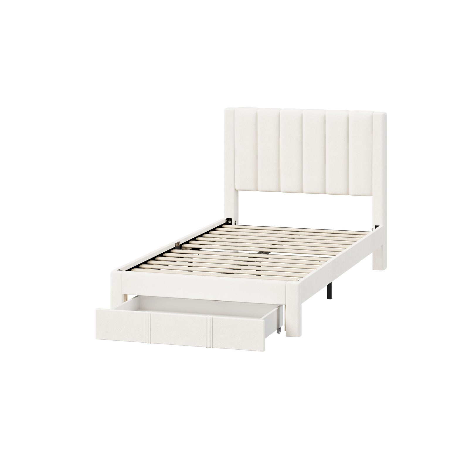 Oikiture Bed Frame King Single Size Headboard Platform Base with Drawer Beige